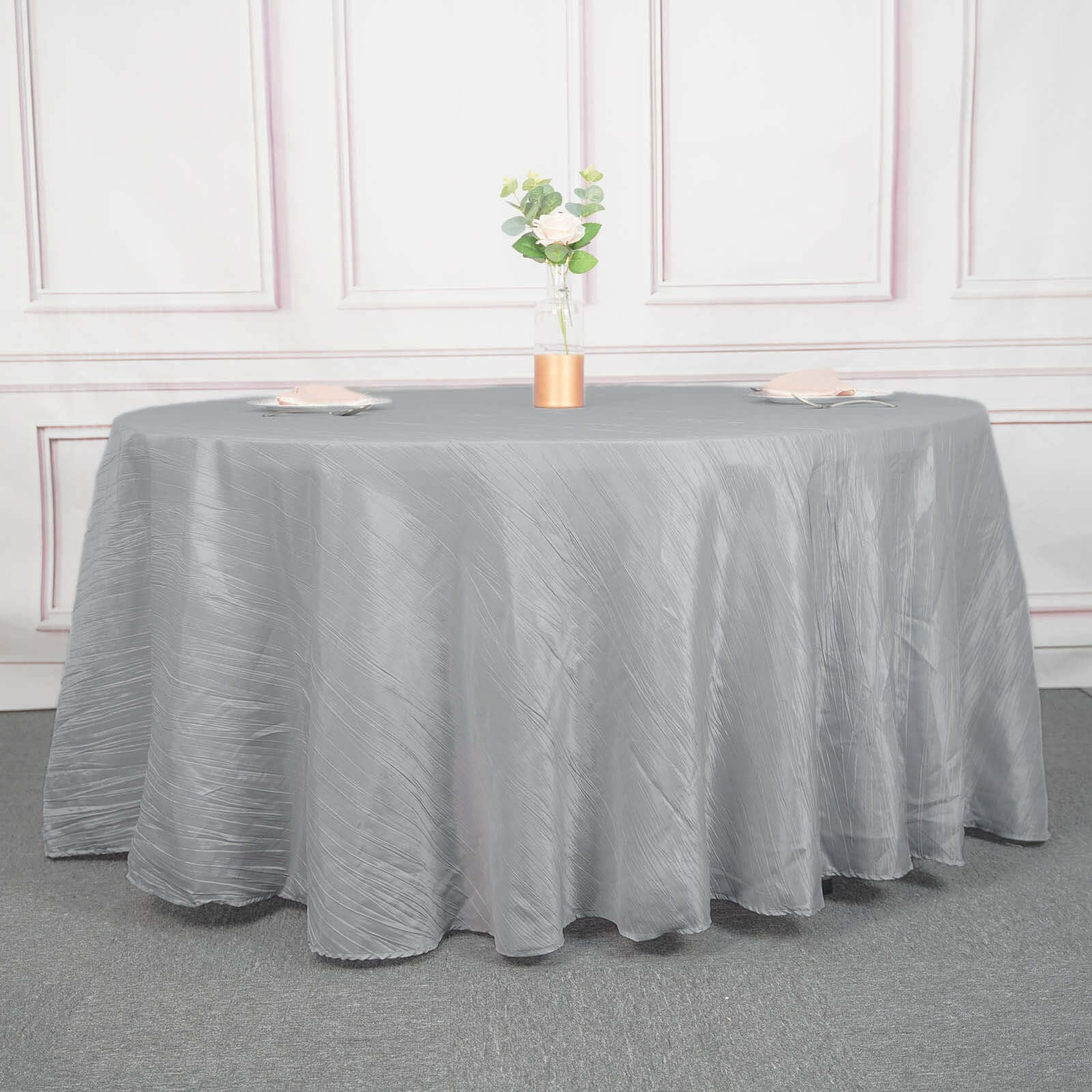 Taffeta Round Tablecloth 120" Silver with Accordion Crinkle Design - Seamless Finish - Image 6