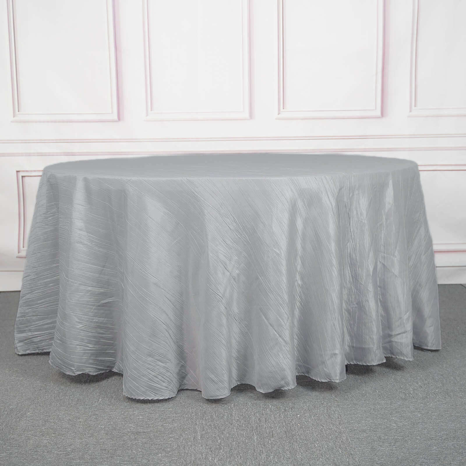 Taffeta Round Tablecloth 120" Silver with Accordion Crinkle Design - Seamless Finish - Image 8