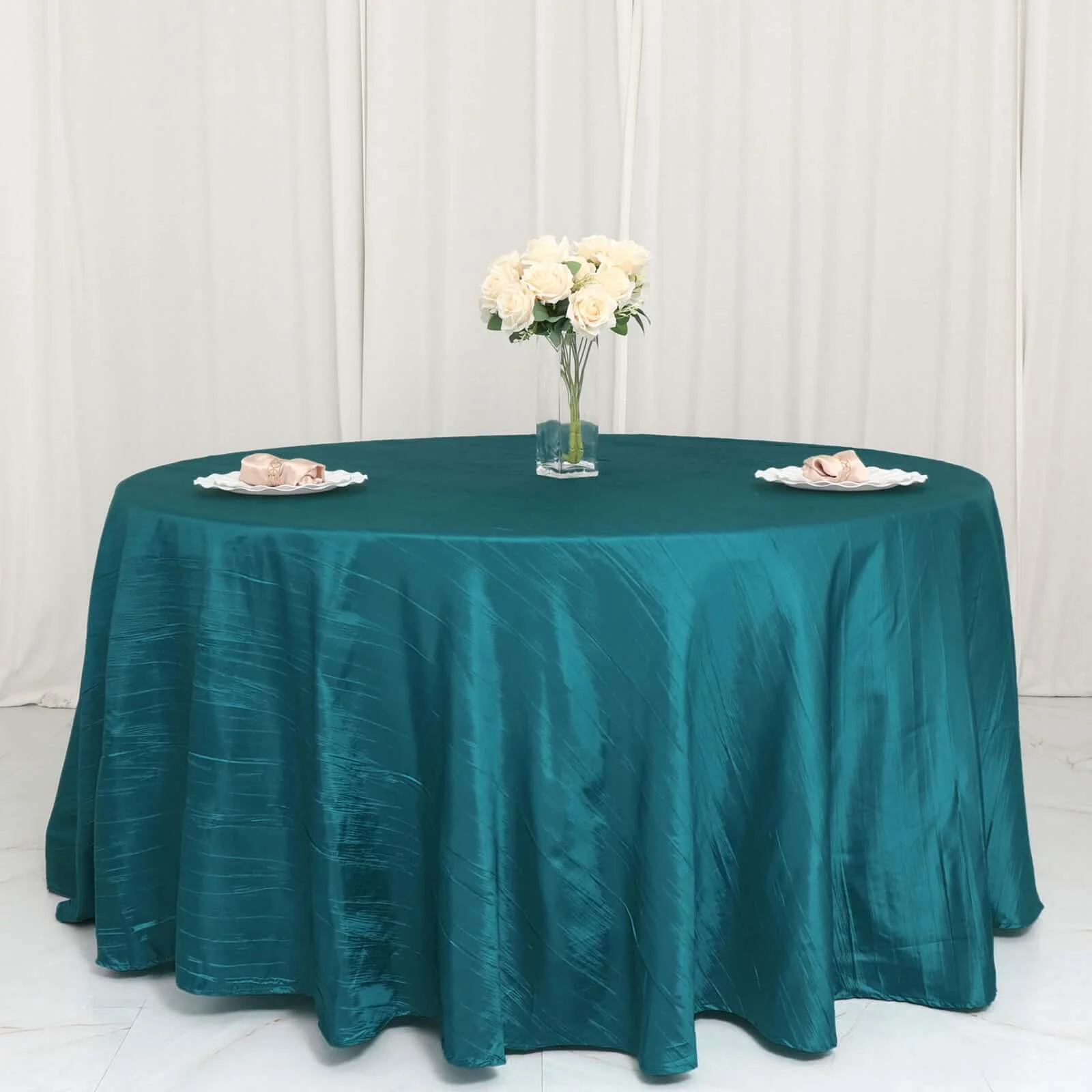 Taffeta Round Tablecloth 120" Teal with Accordion Crinkle Design - Seamless Finish - Image 2
