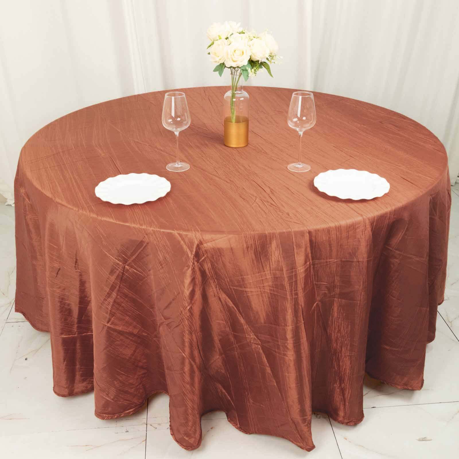 Taffeta Round Tablecloth 120" Terracotta (Rust) with Accordion Crinkle Design - Seamless Finish - Image 3