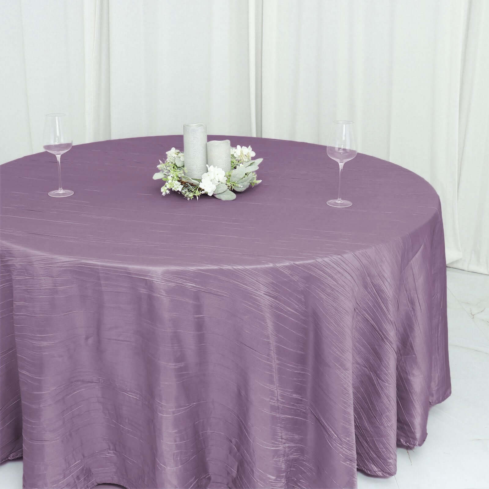 Taffeta Round Tablecloth 120" Violet Amethyst with Accordion Crinkle Design - Seamless Finish - Image 11