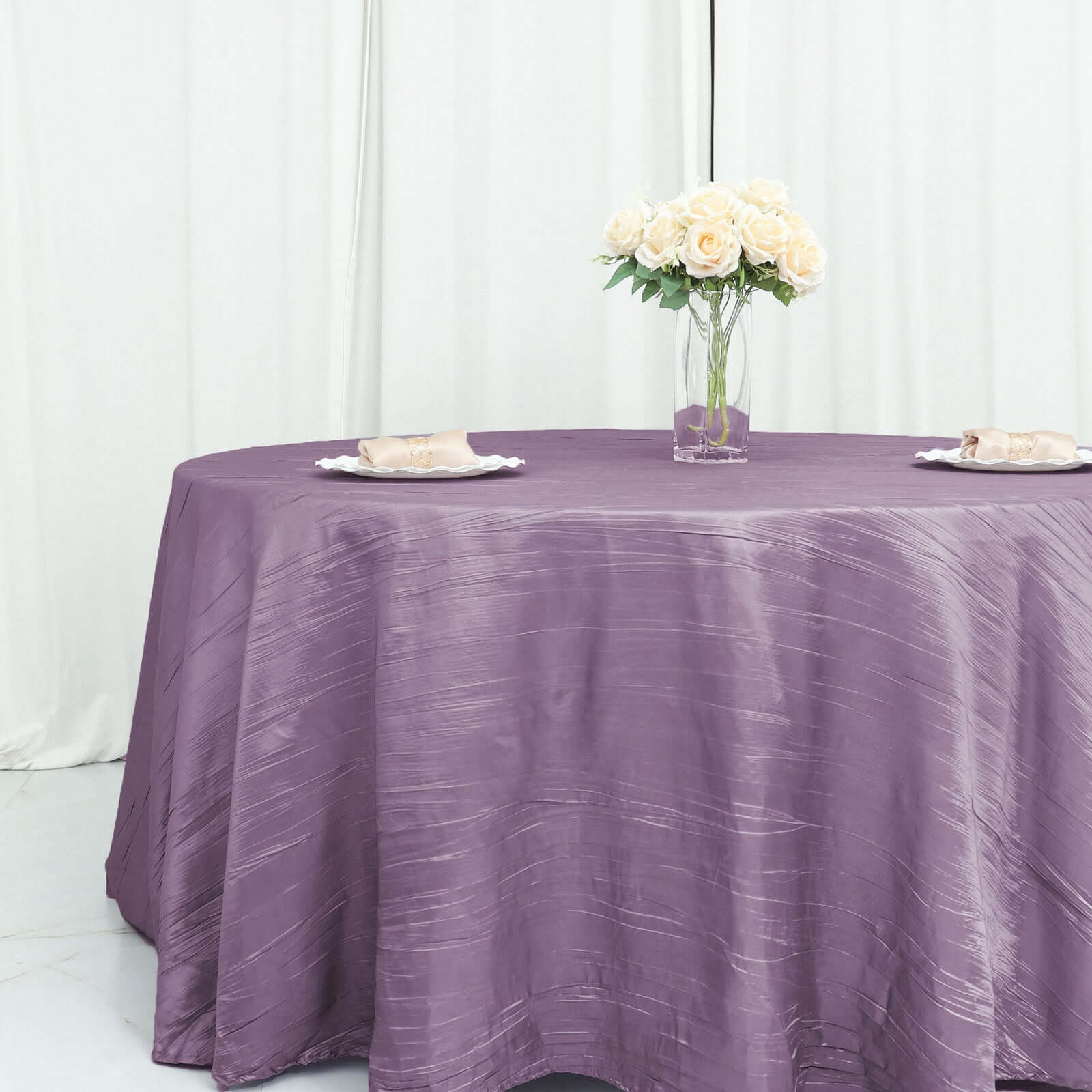 Taffeta Round Tablecloth 120" Violet Amethyst with Accordion Crinkle Design - Seamless Finish - Image 6
