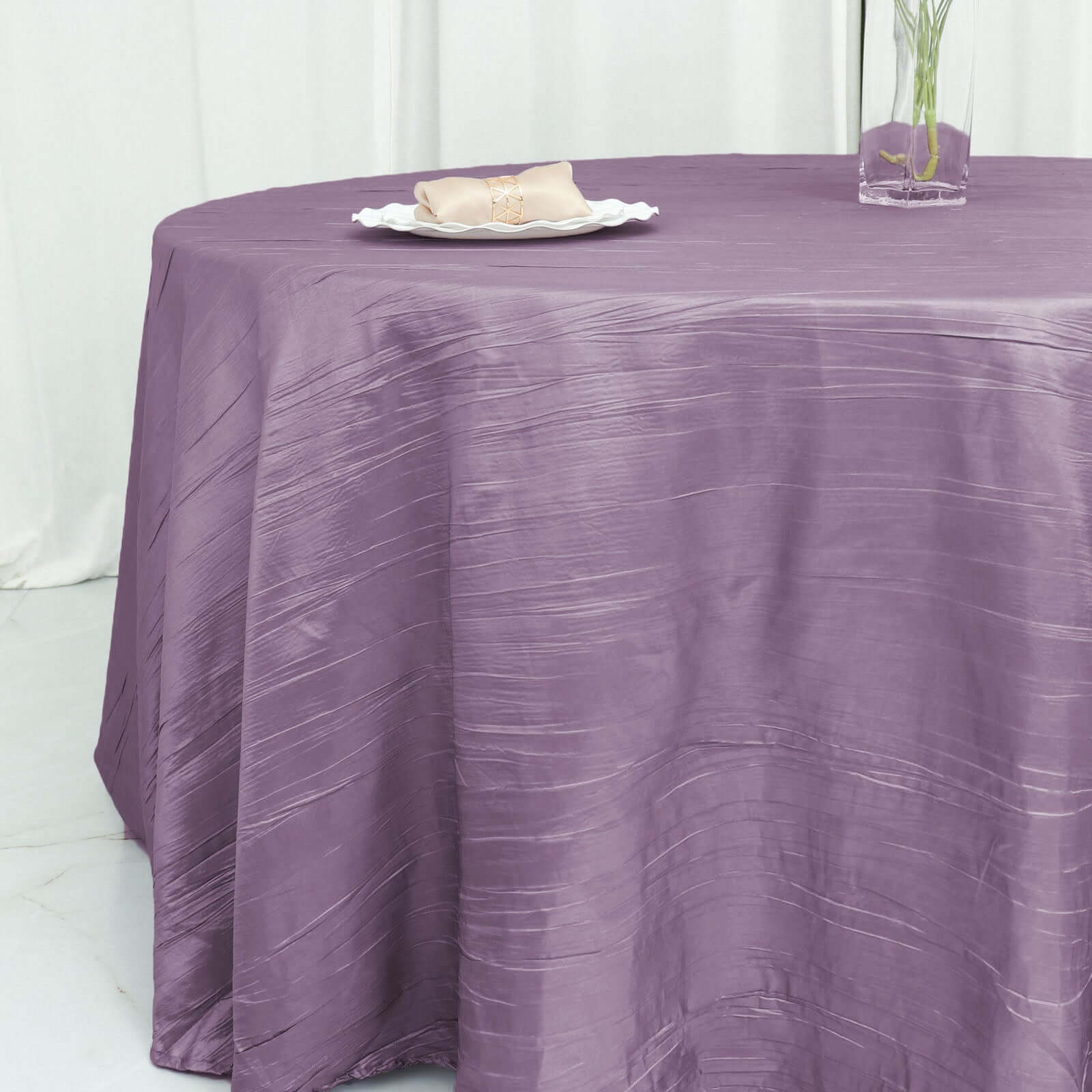 Taffeta Round Tablecloth 120" Violet Amethyst with Accordion Crinkle Design - Seamless Finish - Image 8