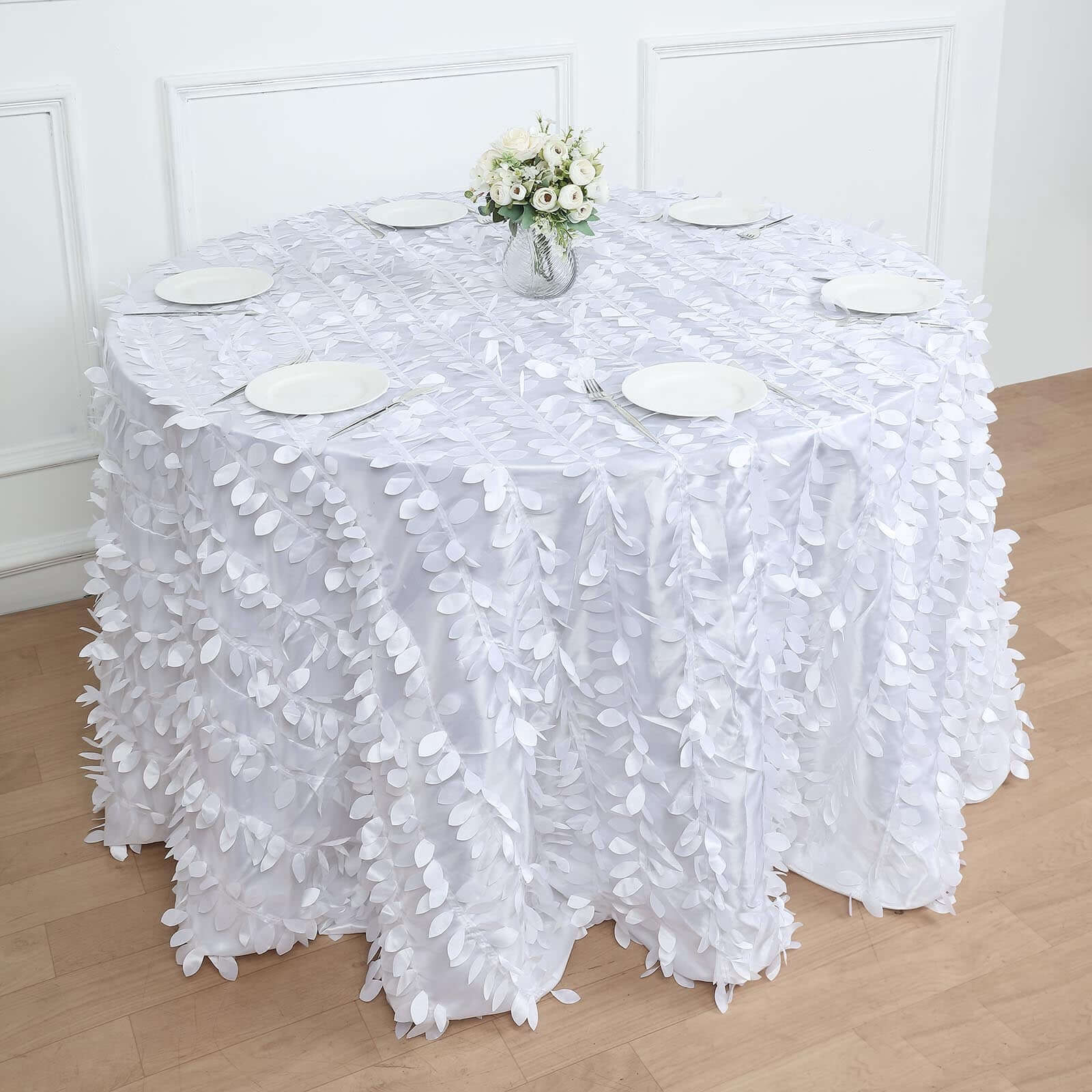 Taffeta Round Tablecloth 120" White - 3D Leaf Petal Design Seamless Table Cover for Upscale Gatherings - Image 3