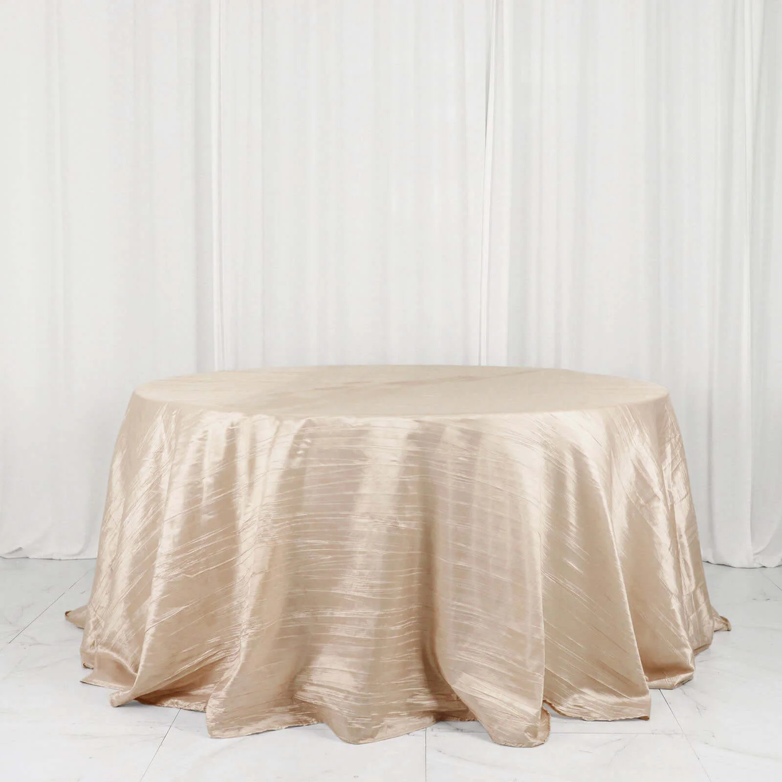Taffeta Round Tablecloth 132" Beige Accordion Crinkle Table Cover - Image 6