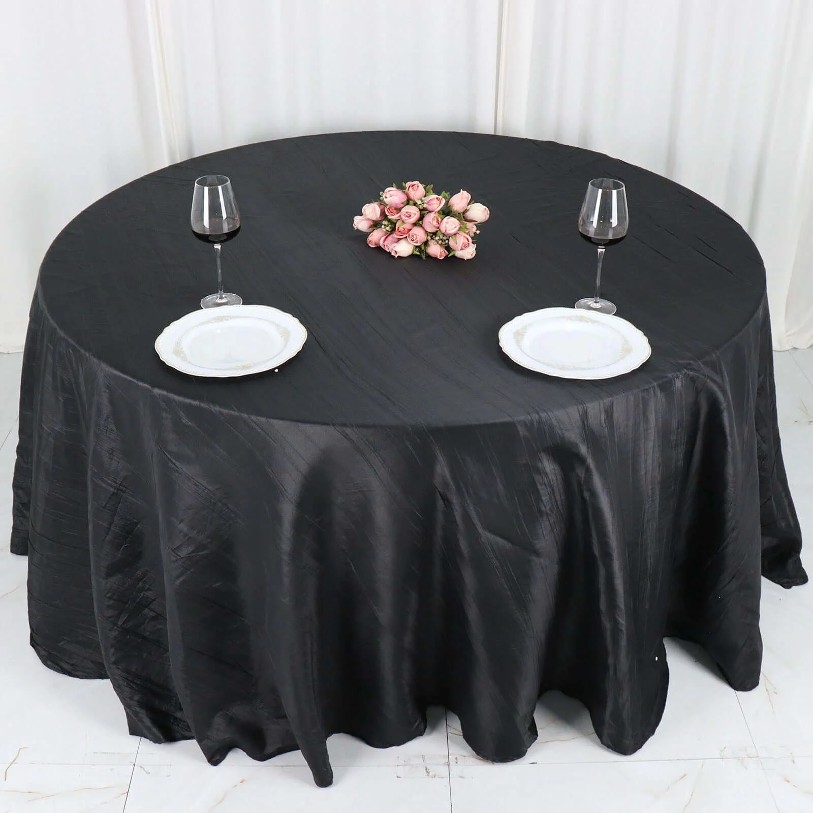 Taffeta Round Tablecloth 132" Black Accordion Crinkle Table Cover - Image 3