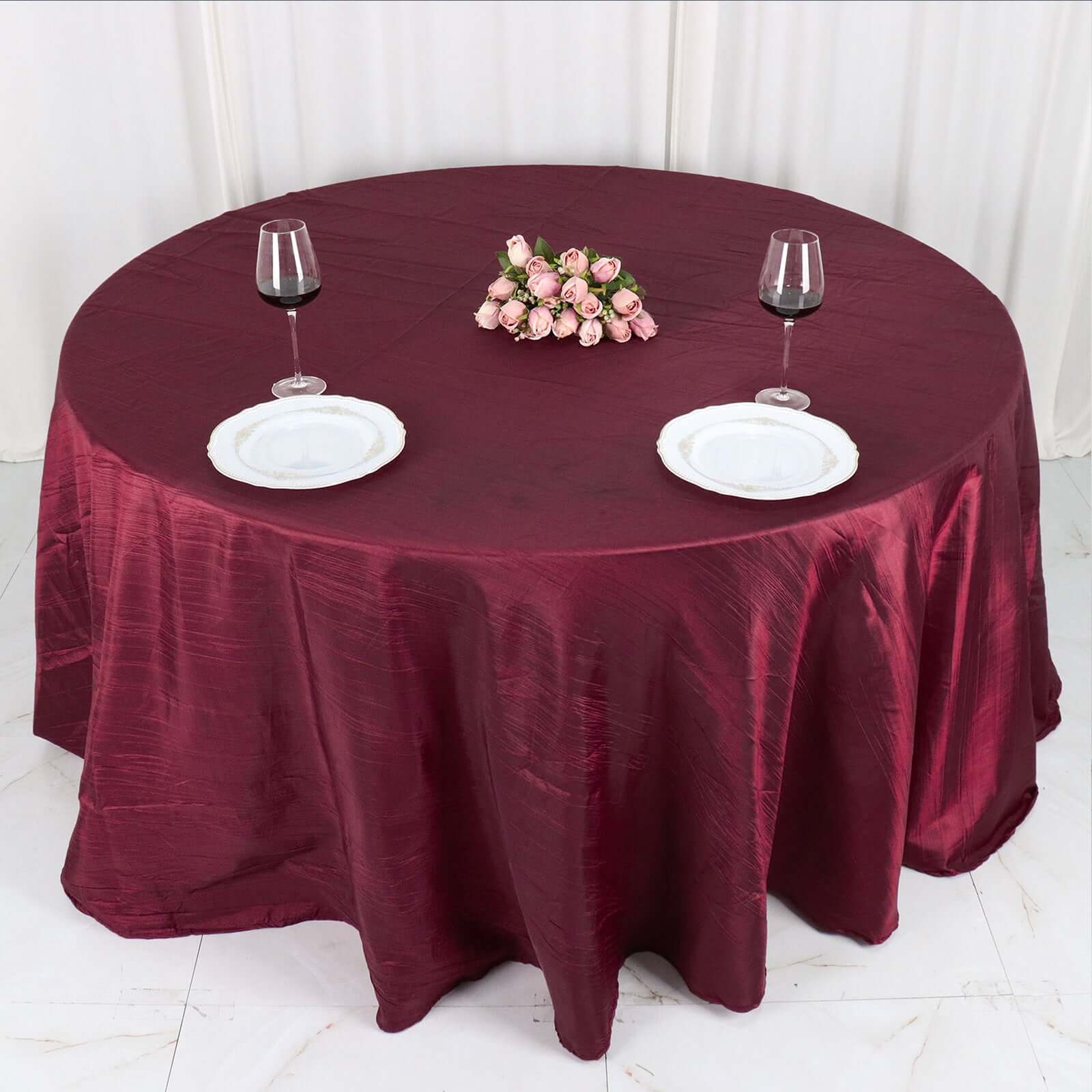 Taffeta Round Tablecloth 132" Burgundy Accordion Crinkle Table Cover - Image 3