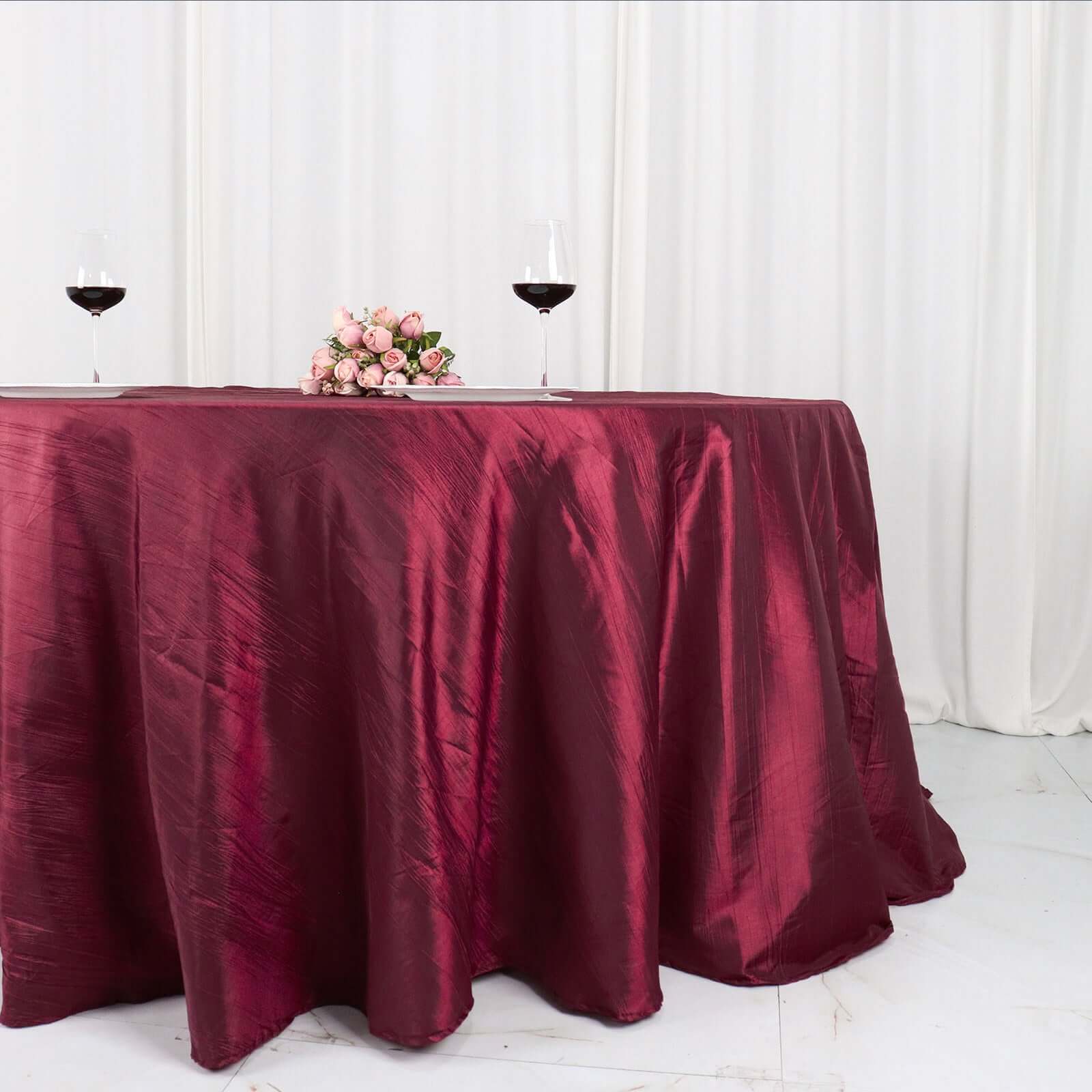 Taffeta Round Tablecloth 132" Burgundy Accordion Crinkle Table Cover - Image 7