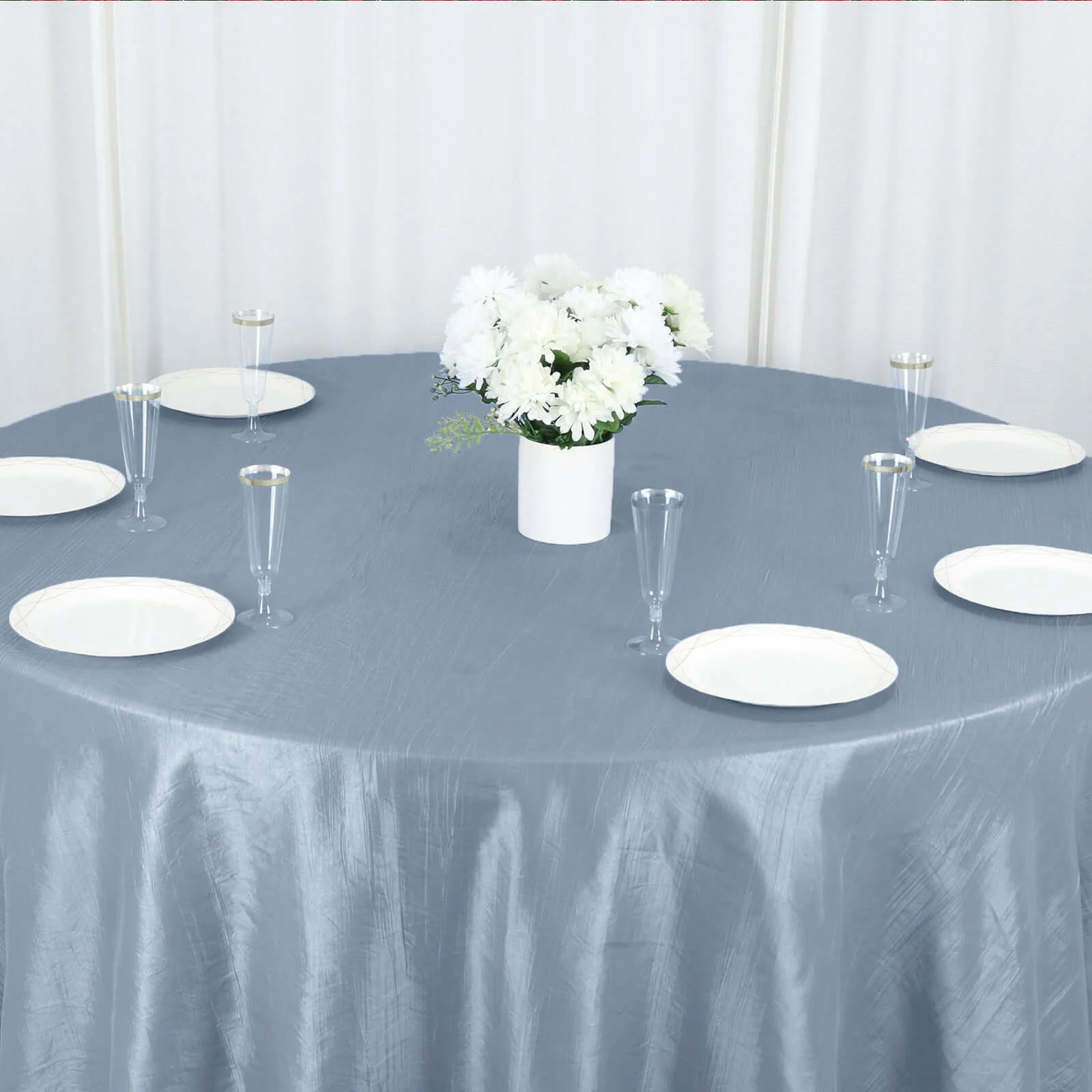 Taffeta Round Tablecloth 132" Dusty Blue Accordion Crinkle Table Cover - Image 2