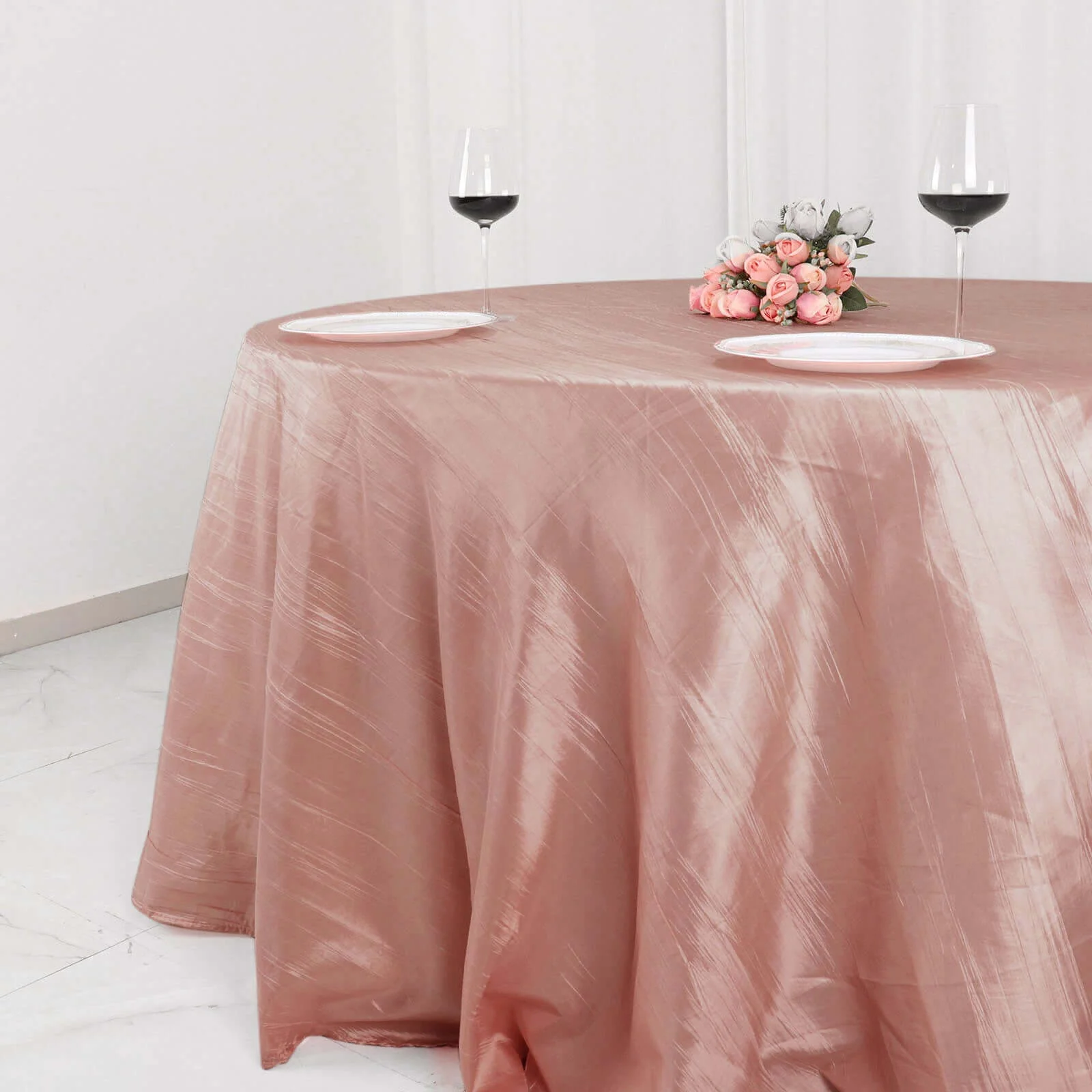 Taffeta Round Tablecloth 132" Dusty Rose Accordion Crinkle Table Cover - Image 7