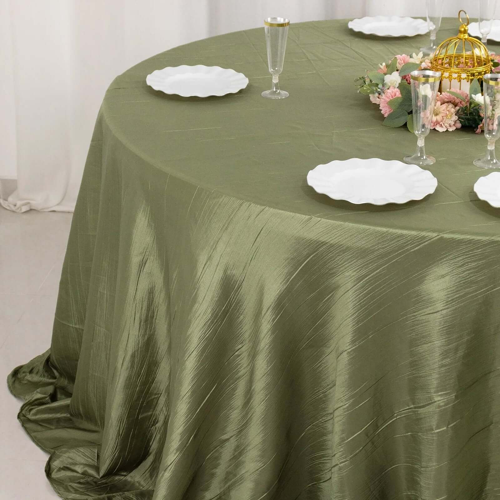 Taffeta Round Tablecloth 132" Dusty Sage Green Accordion Crinkle Table Cover - Image 6