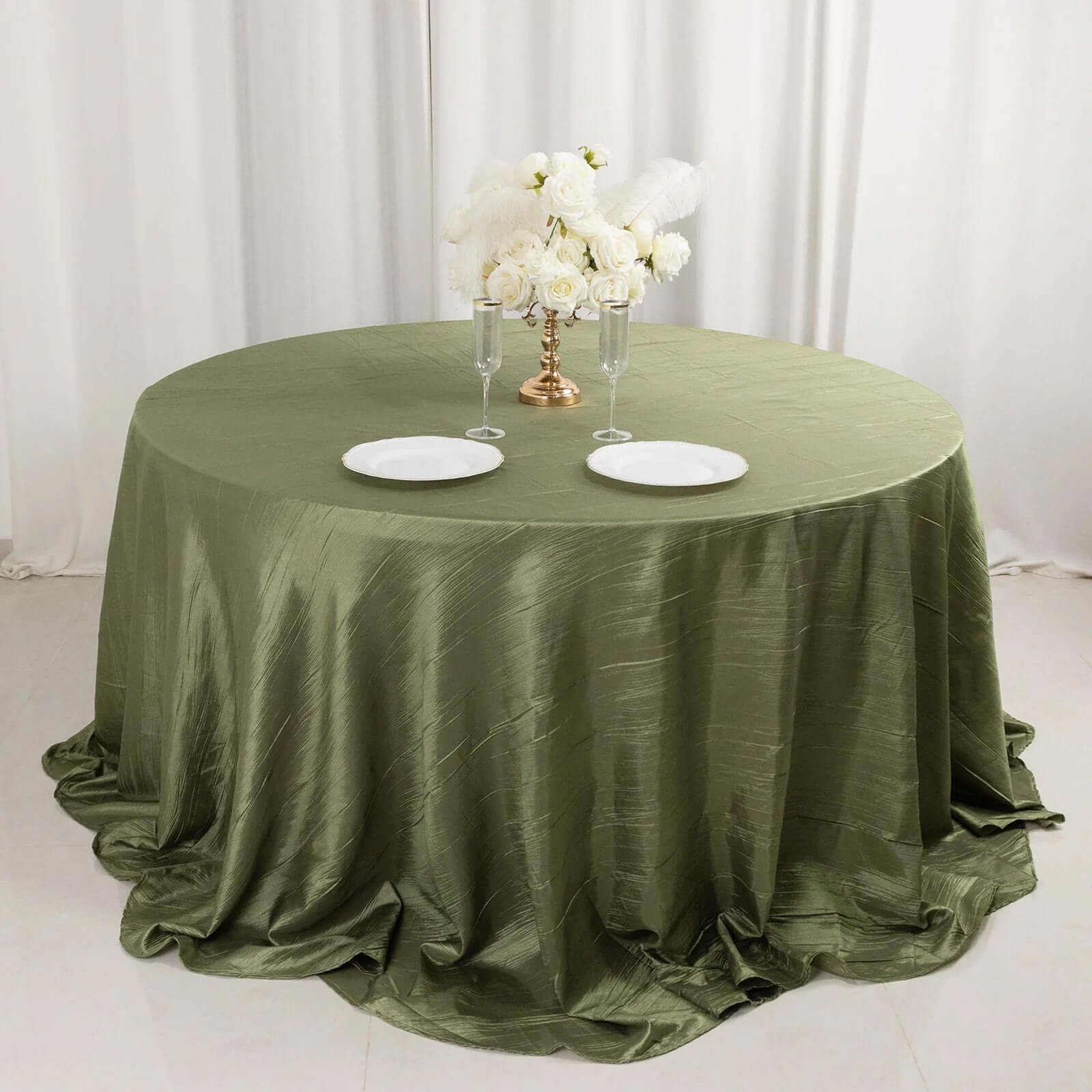 Taffeta Round Tablecloth 132" Dusty Sage Green Accordion Crinkle Table Cover - Image 7
