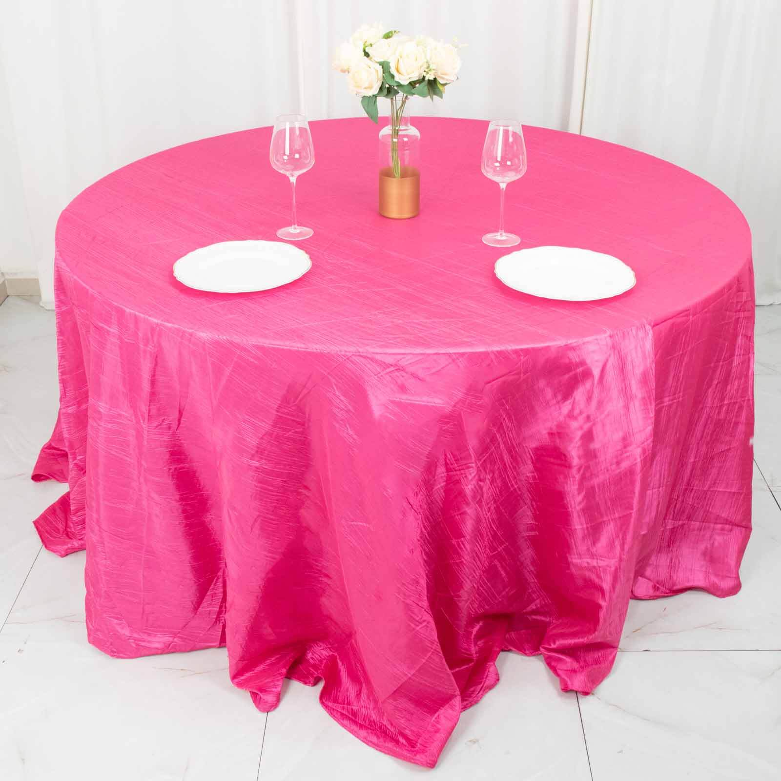 Taffeta Round Tablecloth 132" Fuchsia Accordion Crinkle Table Cover - Image 3
