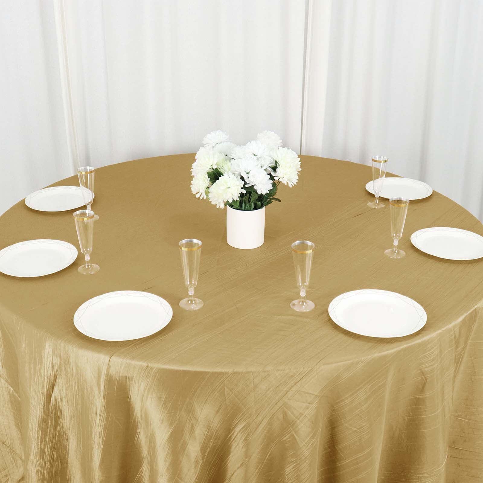 Taffeta Round Tablecloth 132" Gold with Accordion Crinkle Design - Chic Decor for Celebrations - Image 2