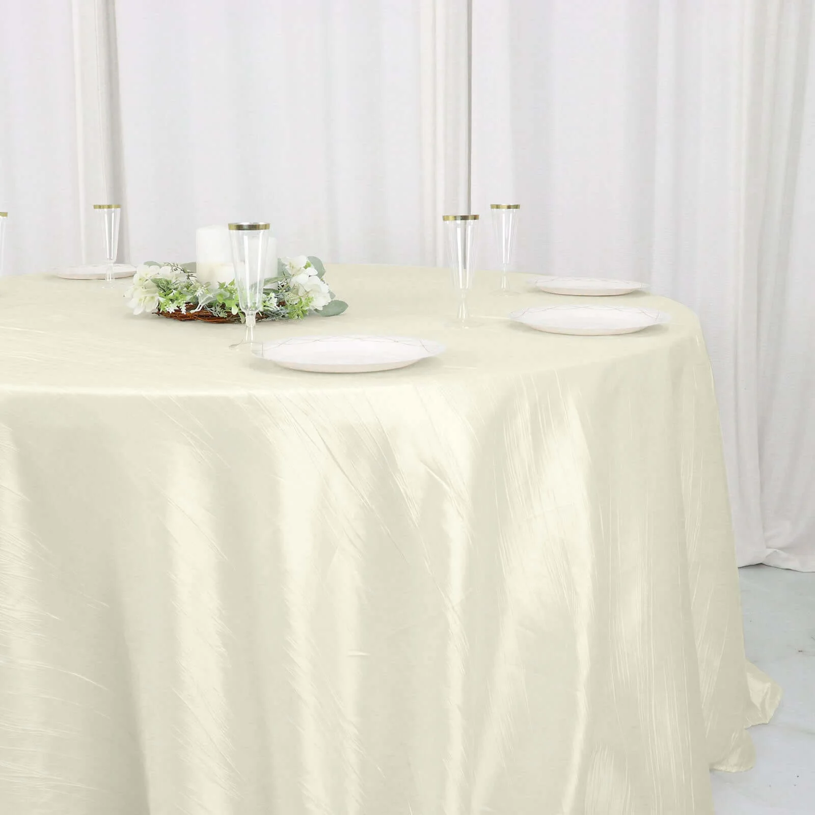 Taffeta Round Tablecloth 132" Ivory Accordion Crinkle Table Cover - Image 7