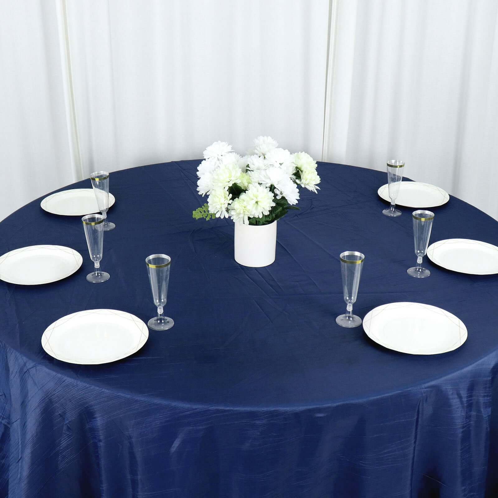 Taffeta Round Tablecloth 132" Navy Blue Accordion Crinkle Table Cover - Image 2