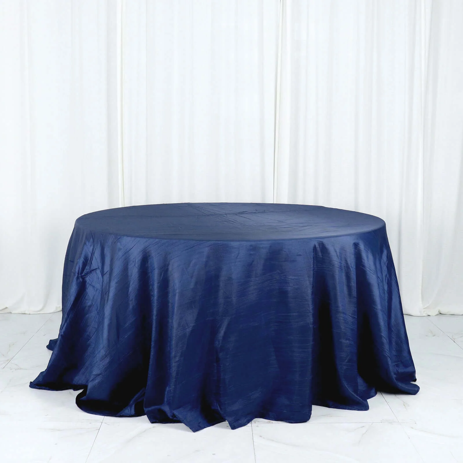Taffeta Round Tablecloth 132" Navy Blue Accordion Crinkle Table Cover - Image 6