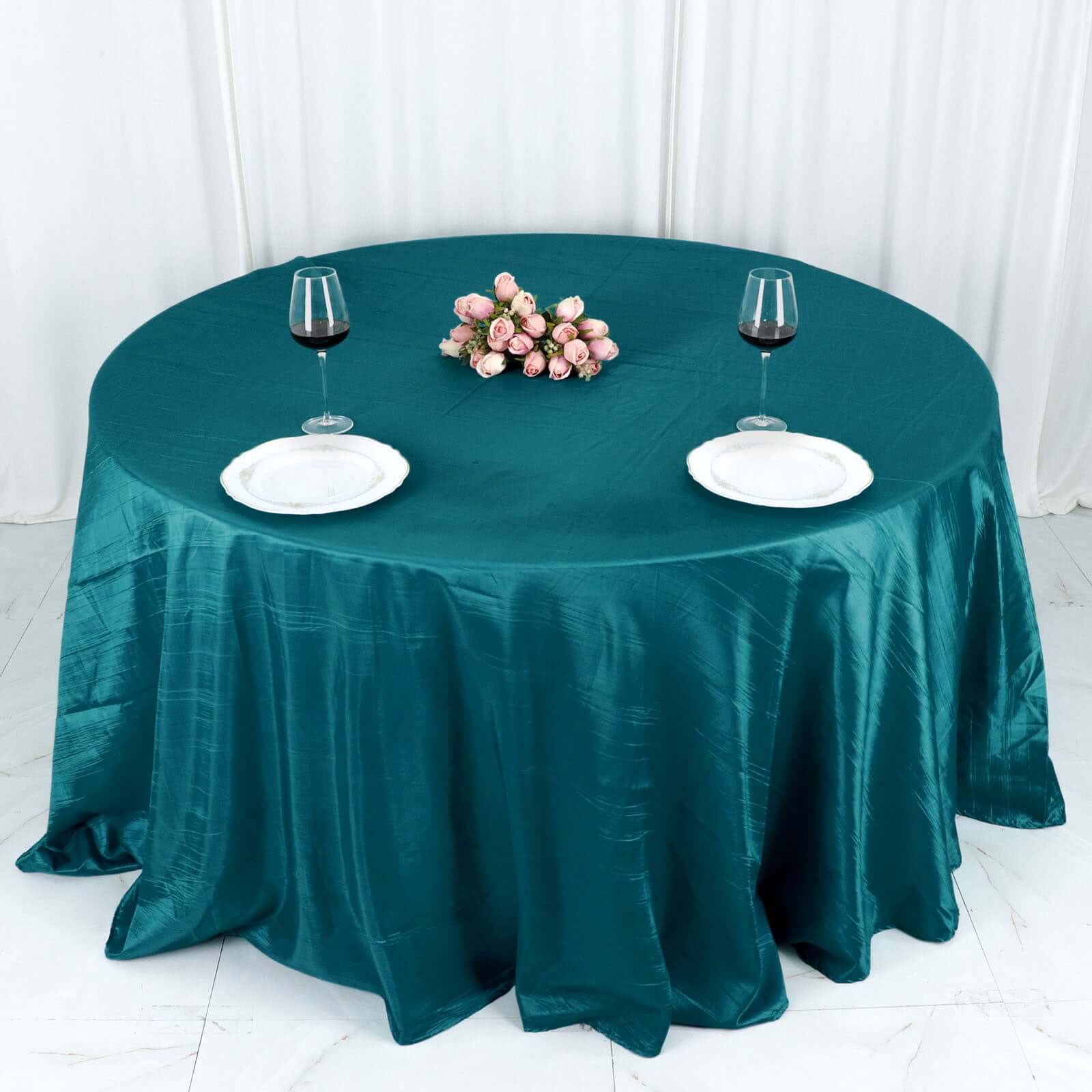 Taffeta Round Tablecloth 132" Peacock Teal Accordion Crinkle Table Cover - Image 3