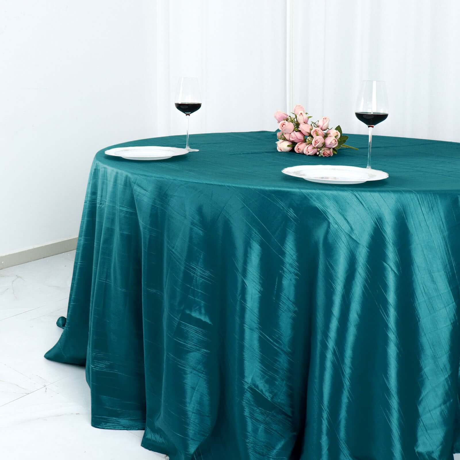 Taffeta Round Tablecloth 132" Peacock Teal Accordion Crinkle Table Cover - Image 7