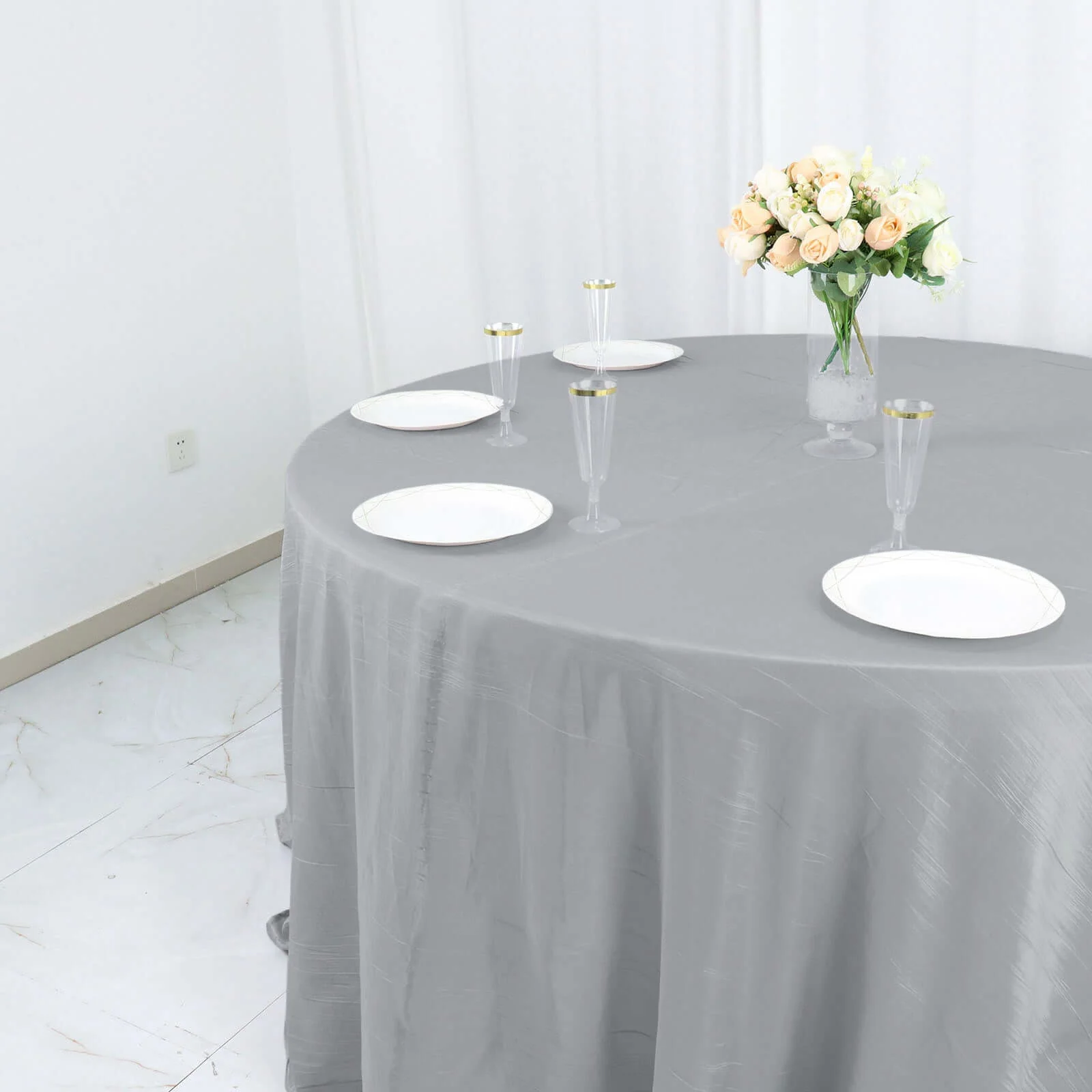 Taffeta Round Tablecloth 132" Silver Accordion Crinkle Table Cover - Image 2