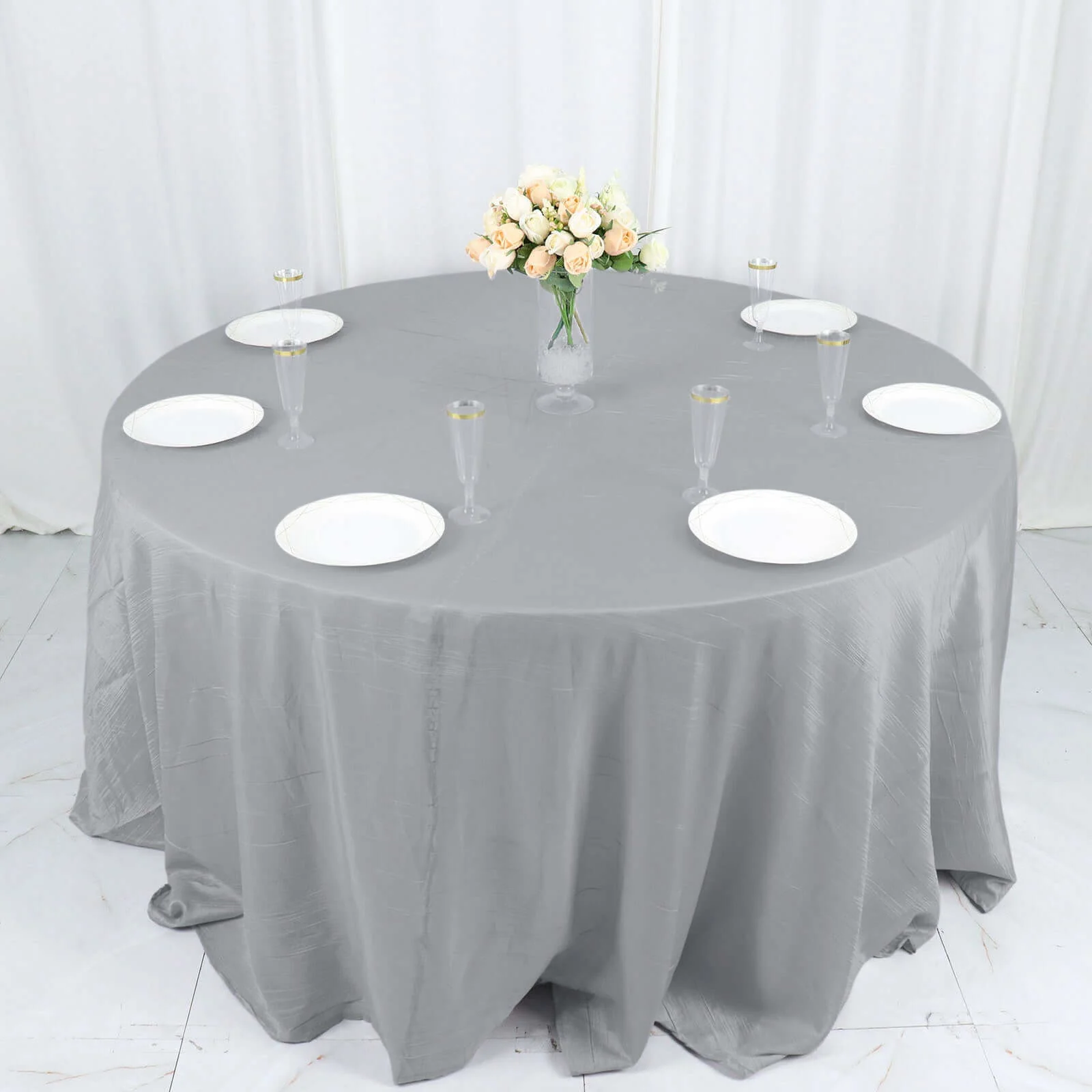 Taffeta Round Tablecloth 132" Silver Accordion Crinkle Table Cover - Image 3