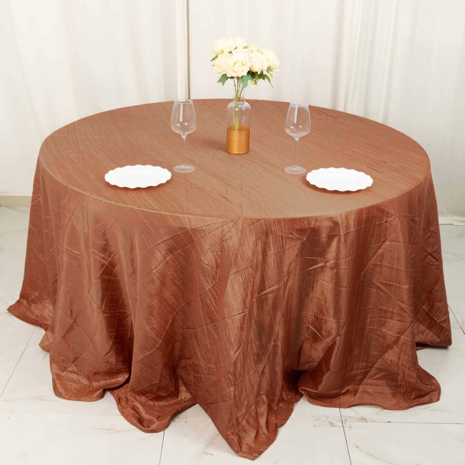 Taffeta Round Tablecloth 132" Terracotta (Rust) Accordion Crinkle Table Cover - Image 3
