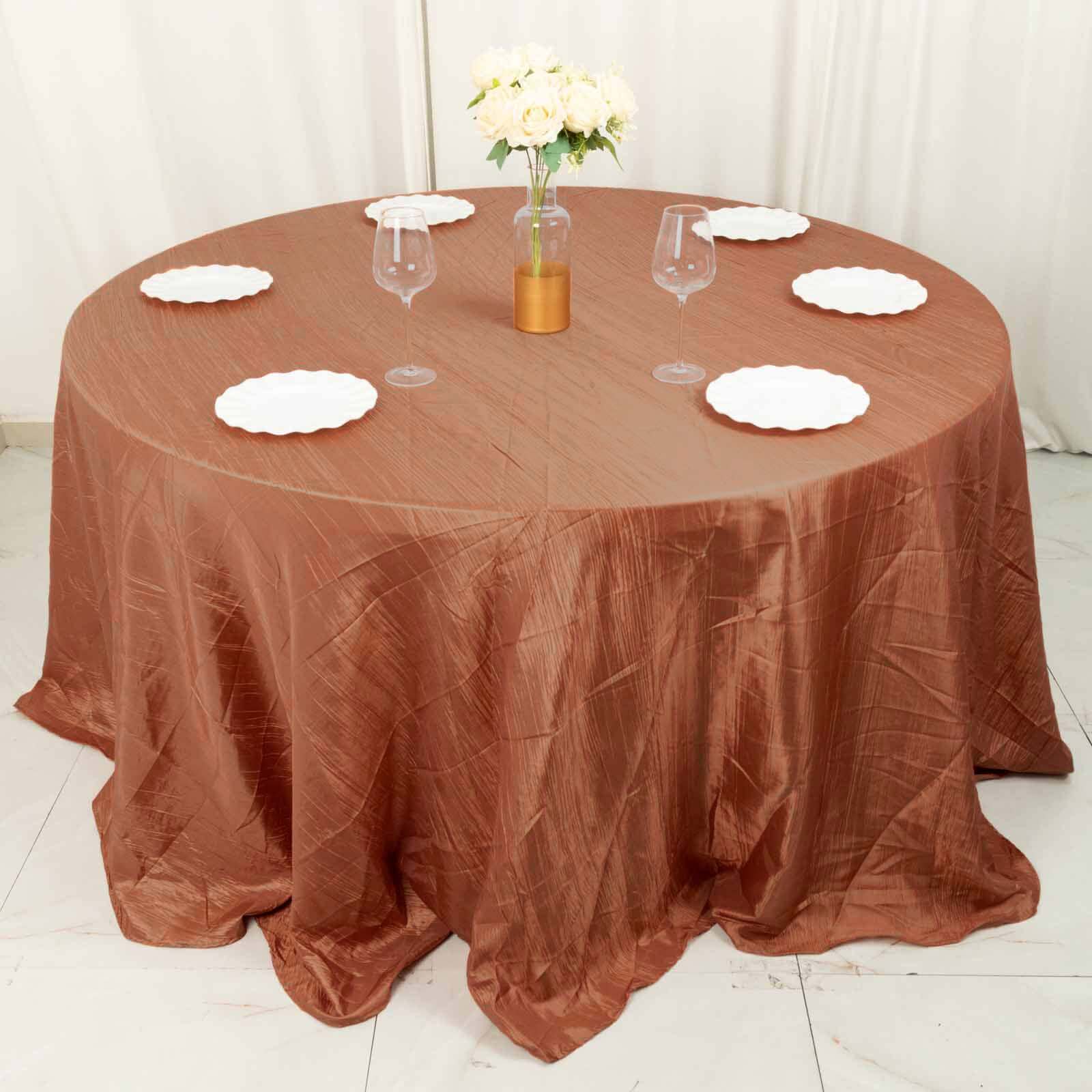 Taffeta Round Tablecloth 132" Terracotta (Rust) Accordion Crinkle Table Cover - Image 9