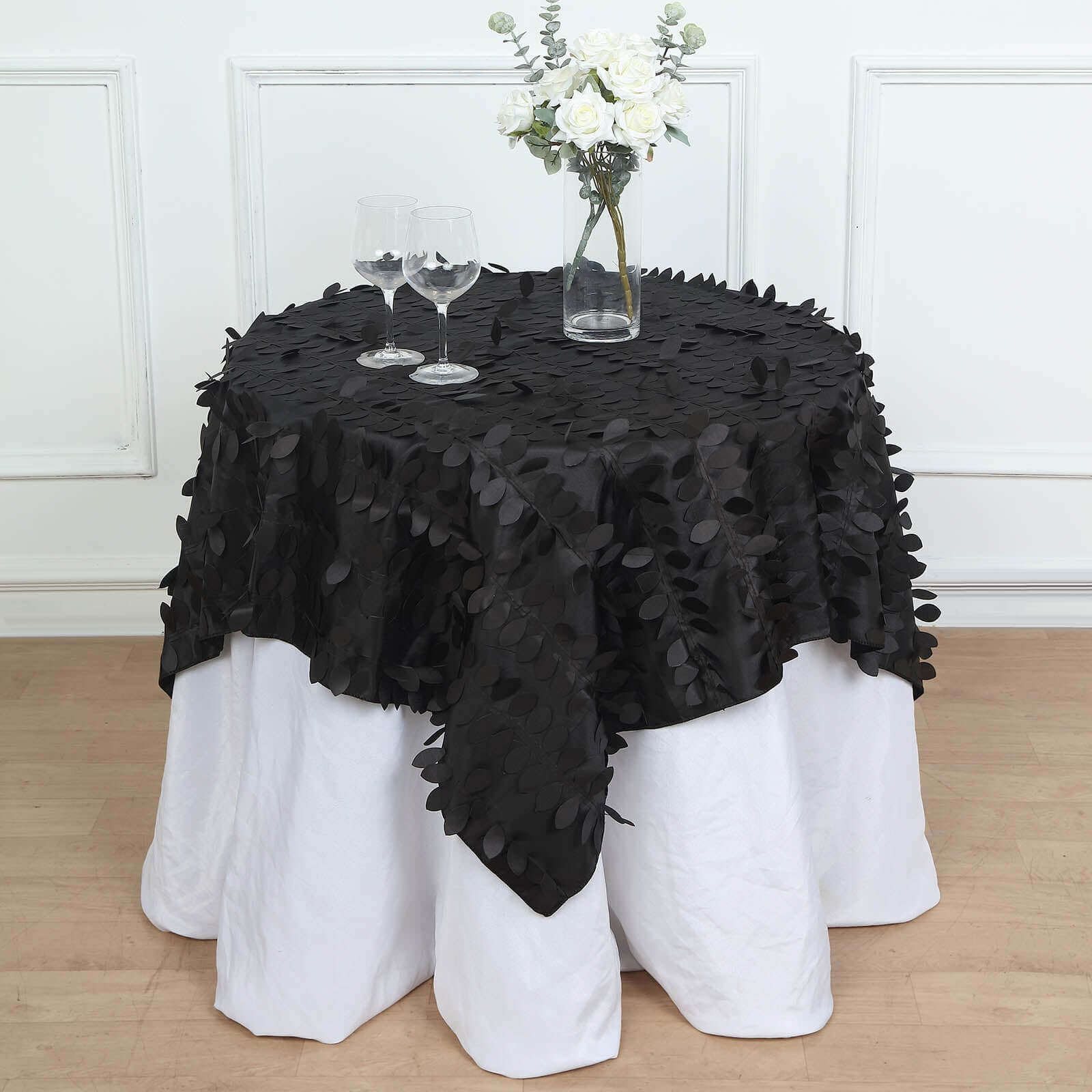 Taffeta Square Table Overlay 54"x54" Black - 3D Leaf Petal Design for Upscale Gatherings
