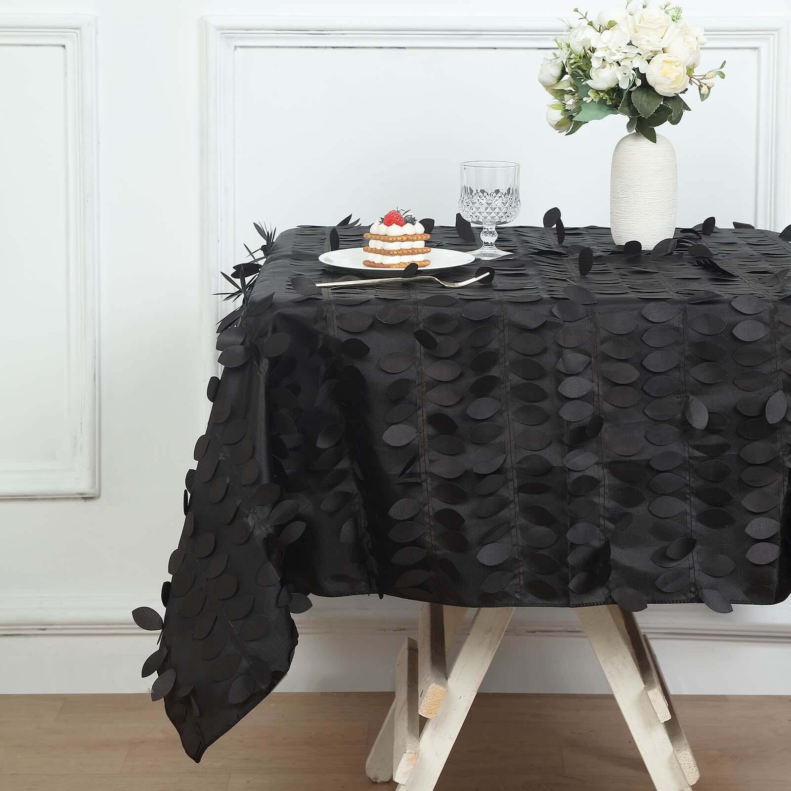 Taffeta Square Table Overlay 54"x54" Black - 3D Leaf Petal Design for Upscale Gatherings - Image 2