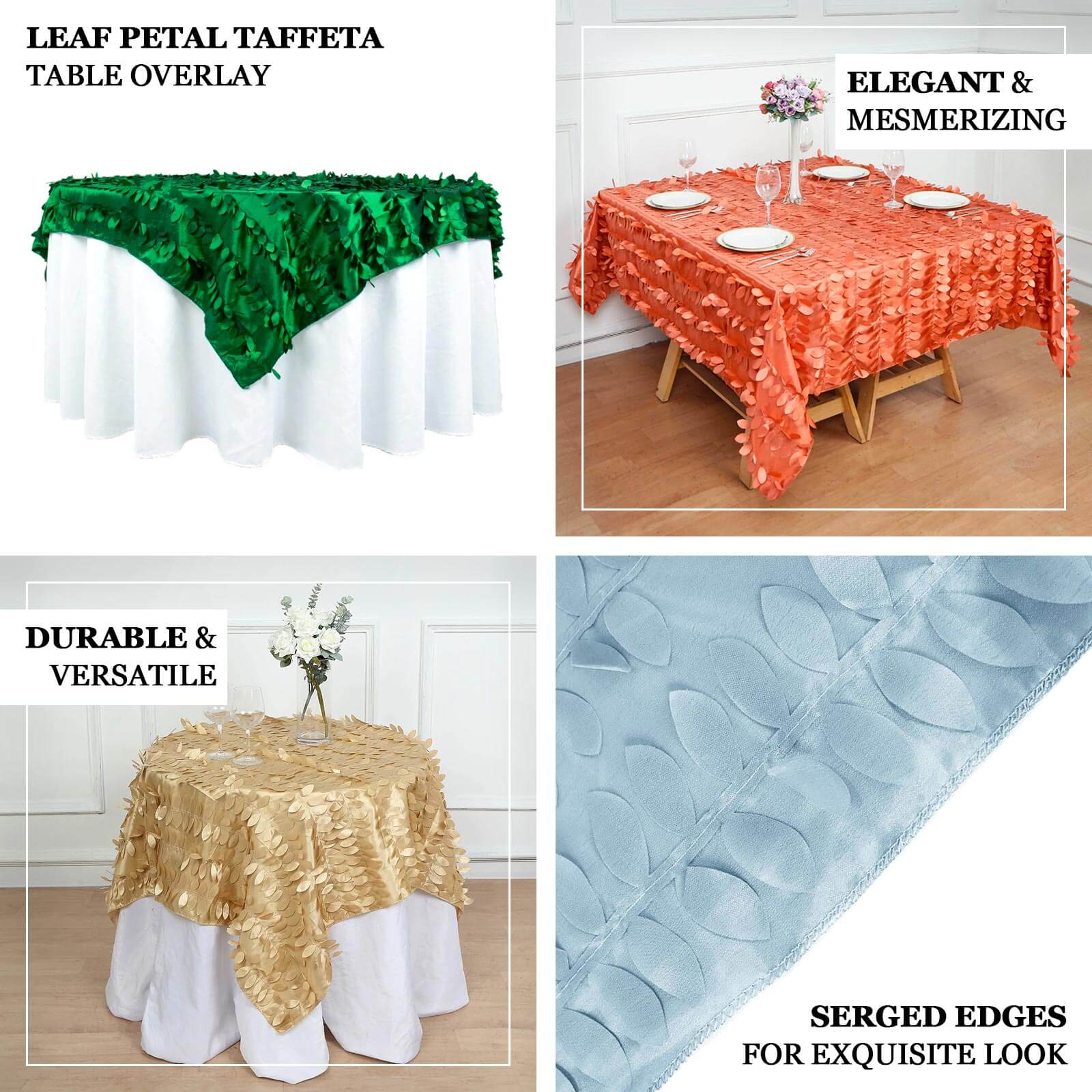 Taffeta Square Table Overlay 54"x54" Green - 3D Leaf Petal Tablecloth Topper - Image 4