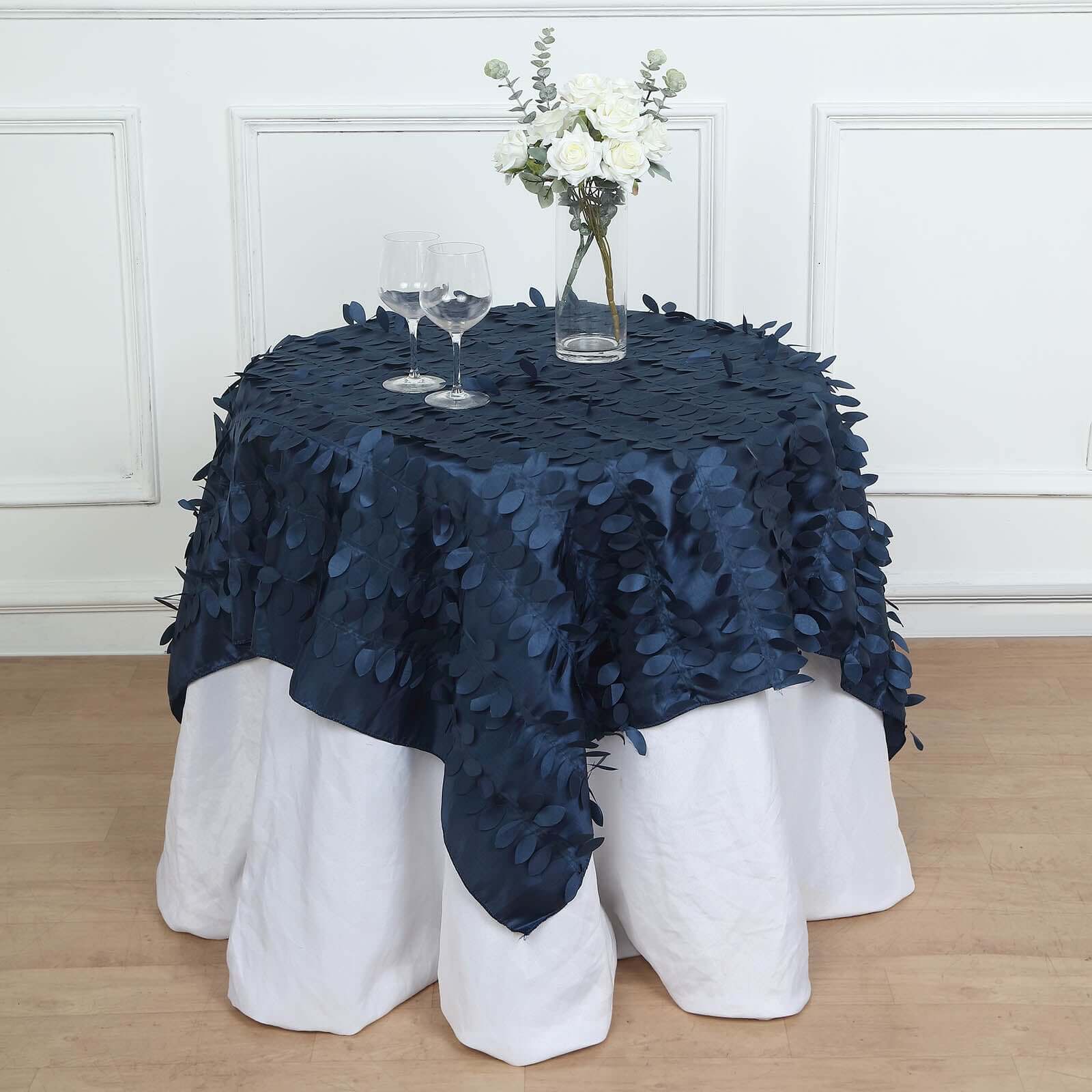 Taffeta Square Table Overlay 54"x54" Navy Blue - 3D Leaf Petal Tablecloth Topper