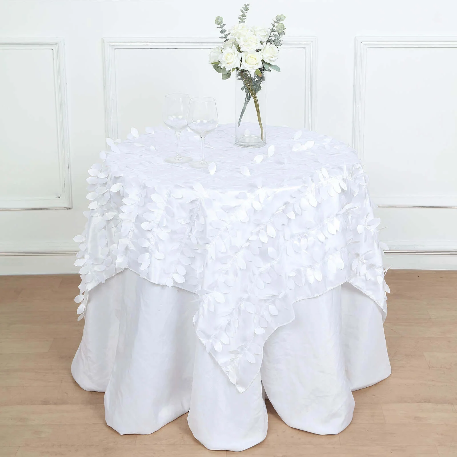 Taffeta Square Table Overlay 54"x54" White - 3D Leaf Petal Design for Upscale Gatherings