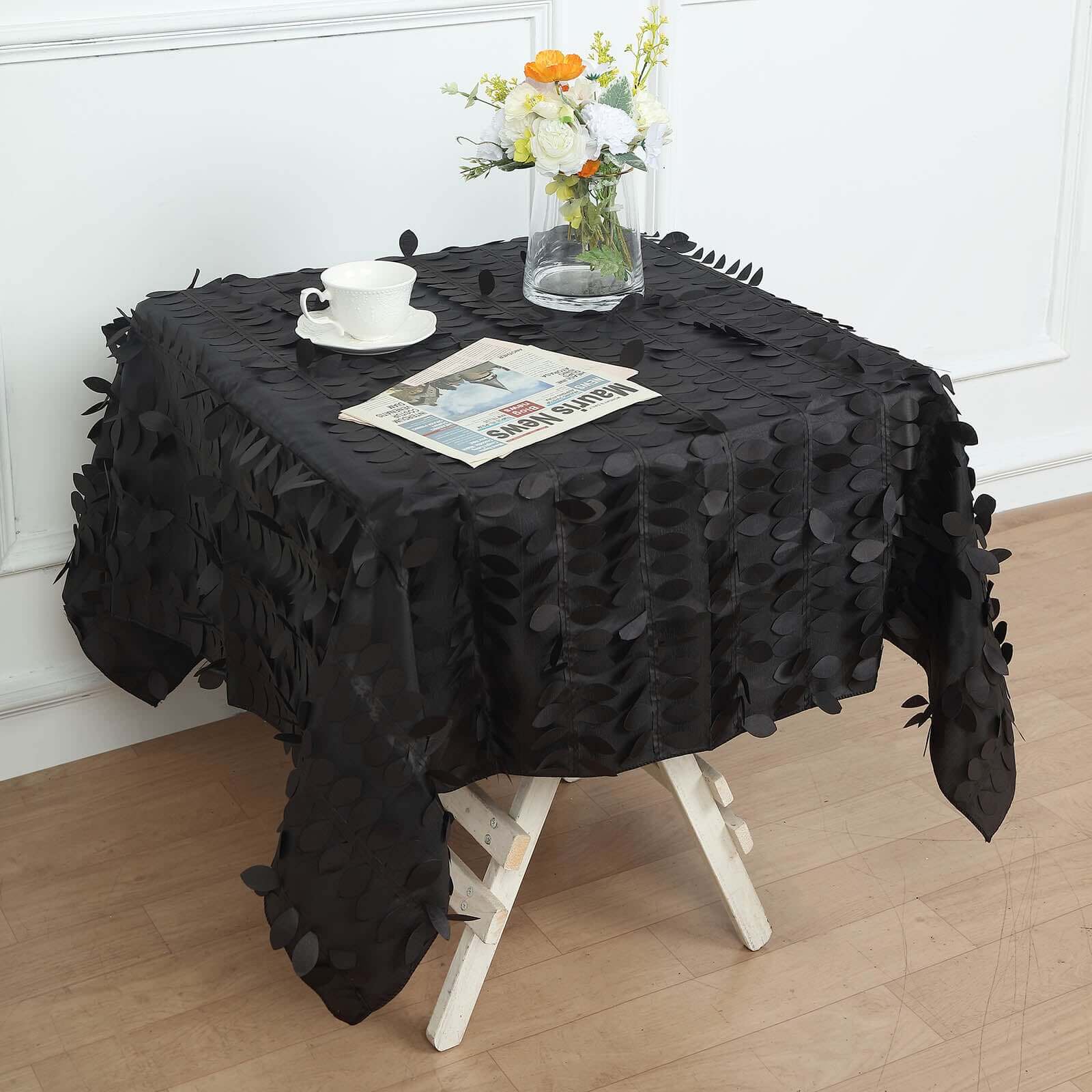 Taffeta Square Tablecloth 54"x54" Black - 3D Leaf Petal Design for Upscale Gatherings - Image 5