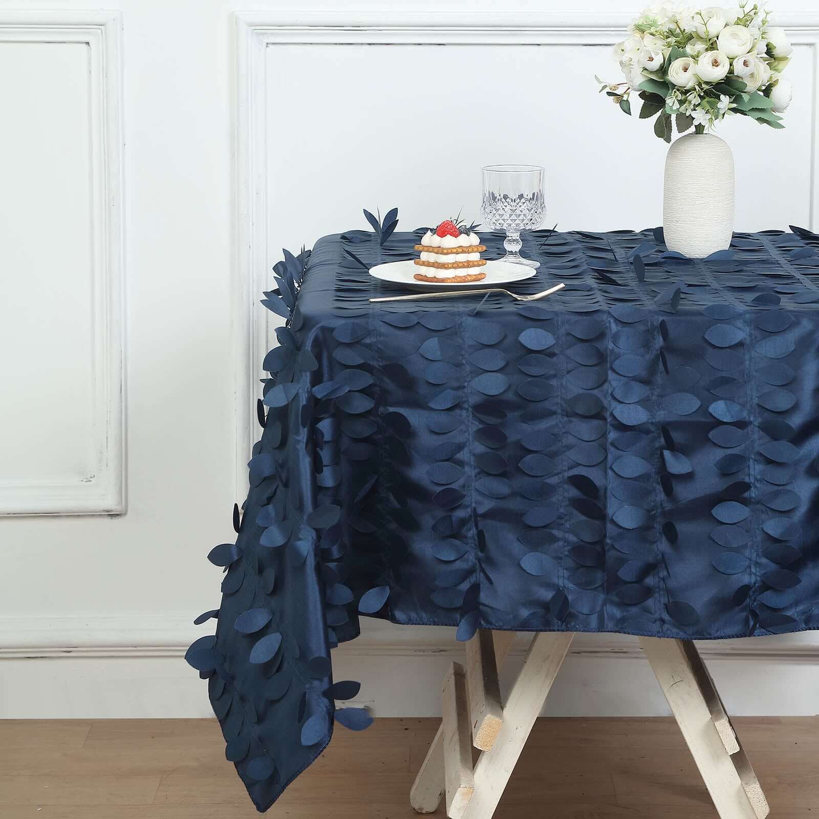 Taffeta Square Tablecloth 54"x54" Navy Blue - 3D Leaf Petal Table Cover - Image 2