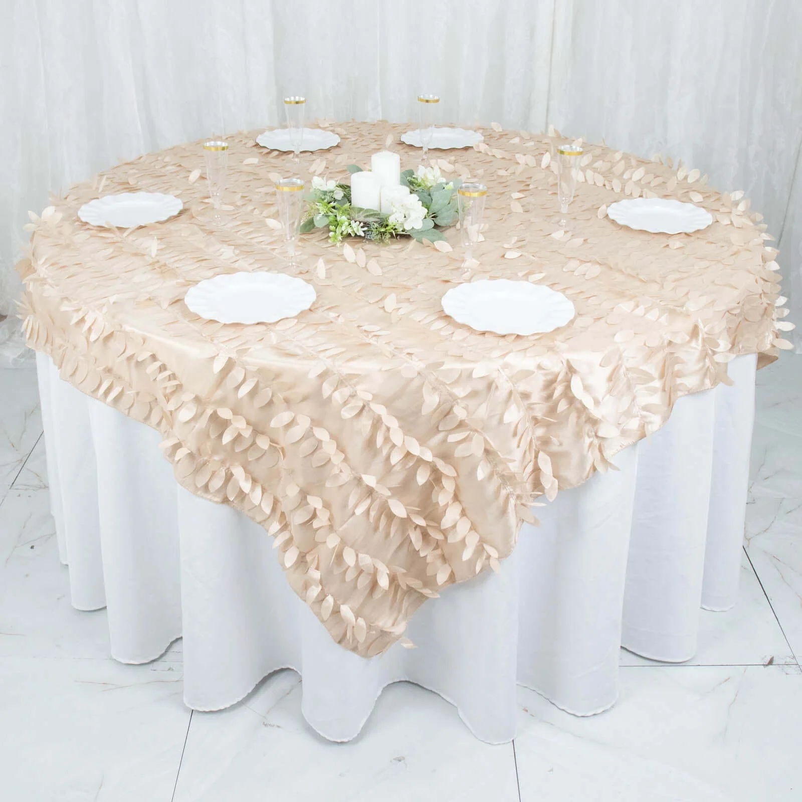 Taffeta Table Overlay 72"x72" Beige - 3D Leaf Petal Table Topper - Image 5