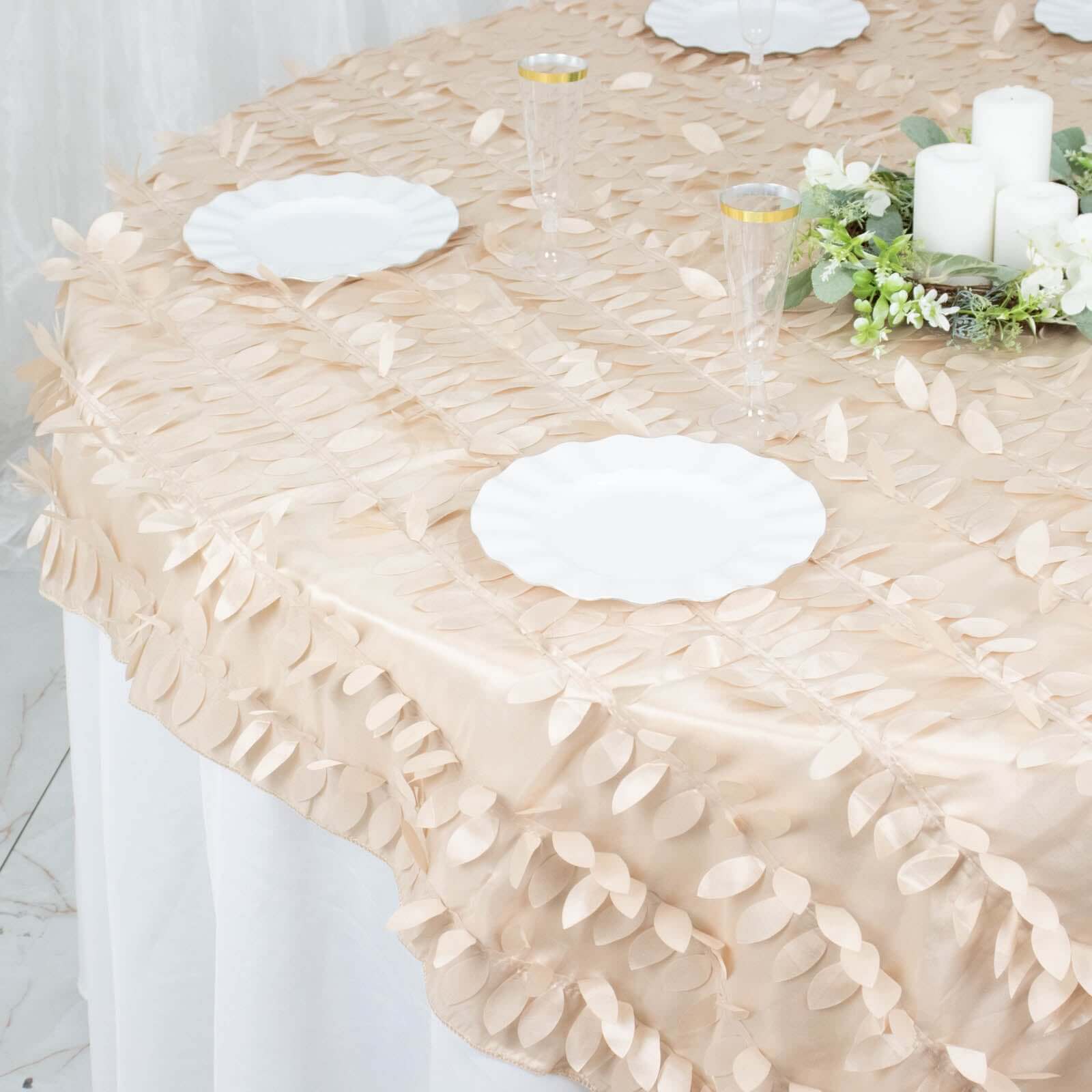 Taffeta Table Overlay 72"x72" Beige - 3D Leaf Petal Table Topper - Image 6