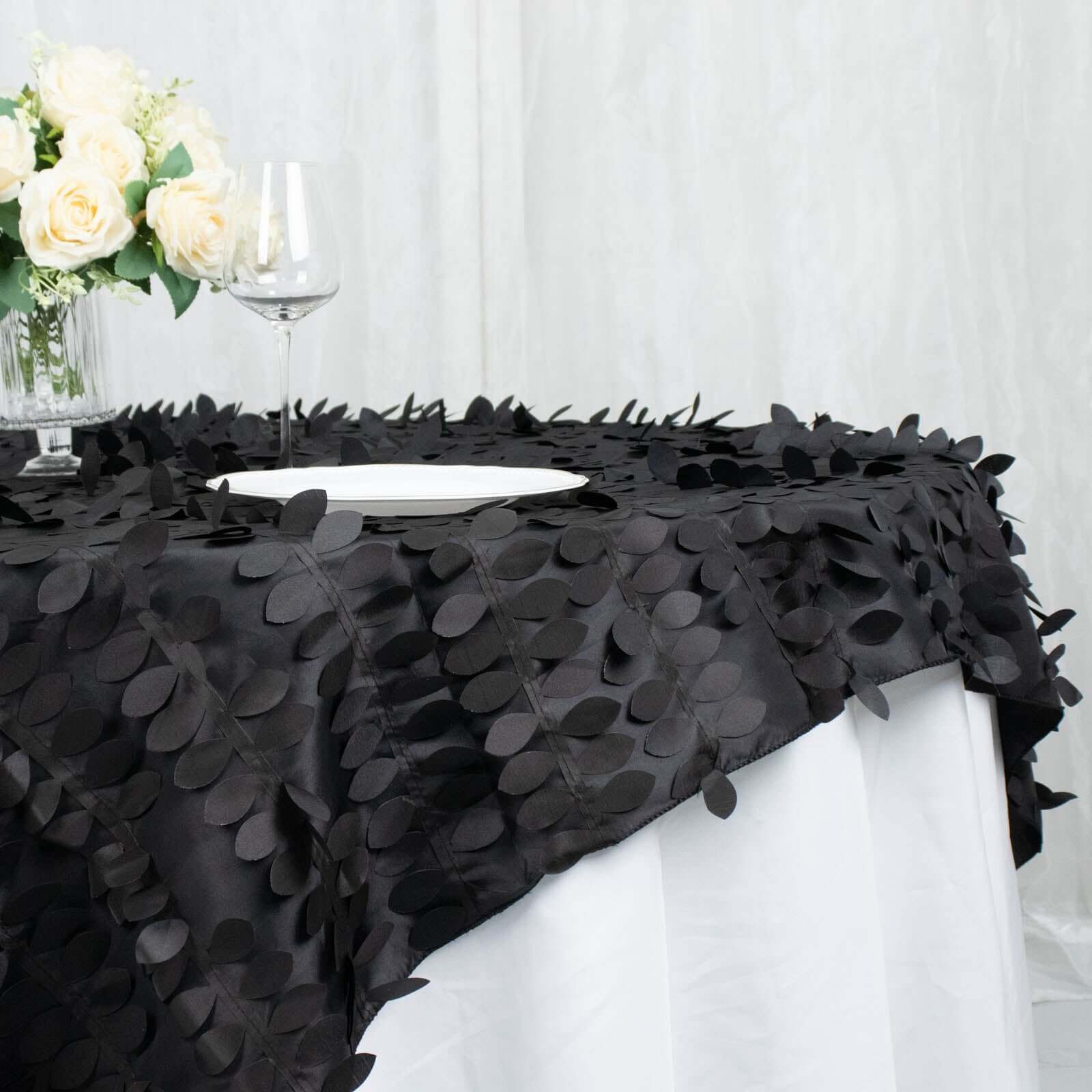 Taffeta Table Overlay 72"x72" Black - 3D Leaf Petal Table Topper - Image 2