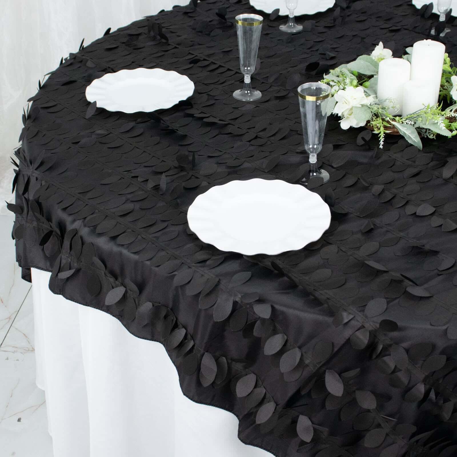Taffeta Table Overlay 72"x72" Black - 3D Leaf Petal Table Topper - Image 6