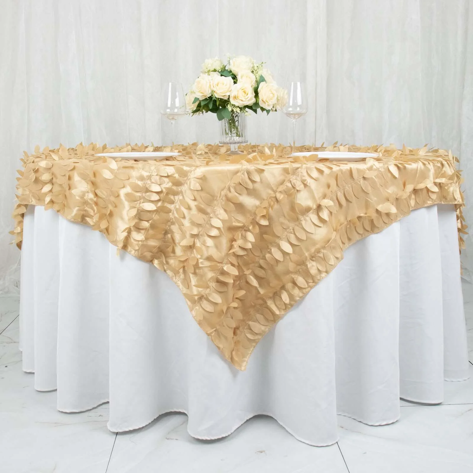Taffeta Table Overlay 72"x72" Champagne - 3D Leaf Petal Table Topper