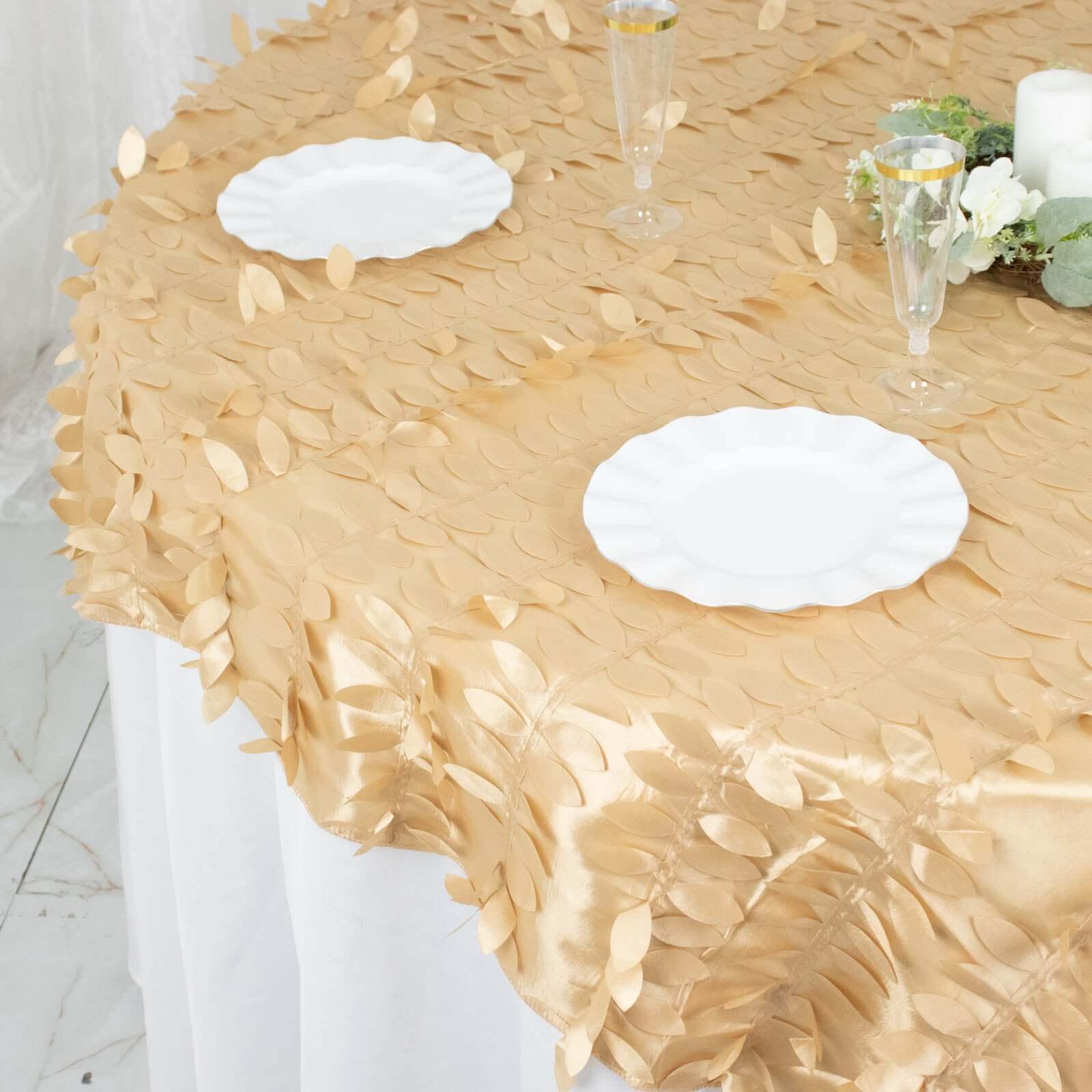 Taffeta Table Overlay 72"x72" Champagne - 3D Leaf Petal Table Topper - Image 6