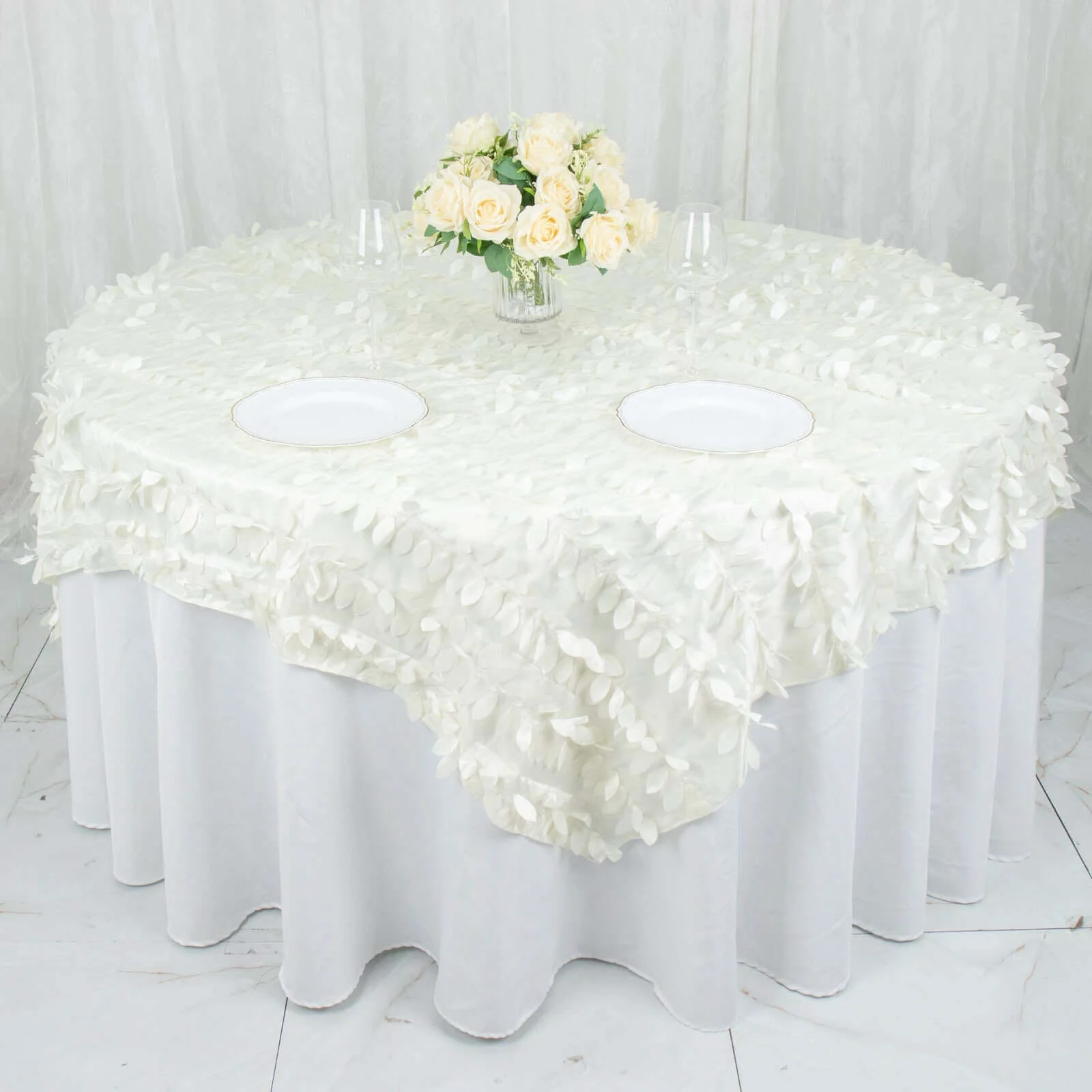 Taffeta Table Overlay 72"x72" Ivory - 3D Leaf Petal Table Topper - Image 11