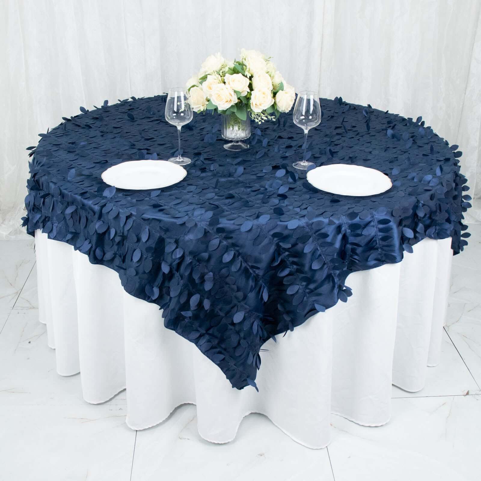 Taffeta Table Overlay 72"x72" Navy Blue - 3D Leaf Petal Table Topper - Image 11