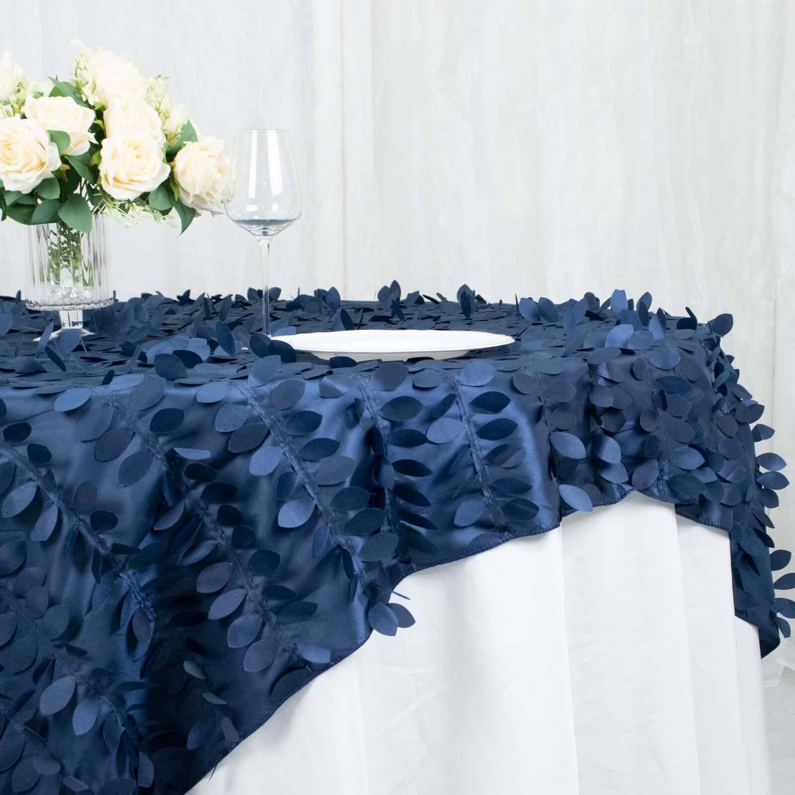 Taffeta Table Overlay 72"x72" Navy Blue - 3D Leaf Petal Table Topper - Image 2