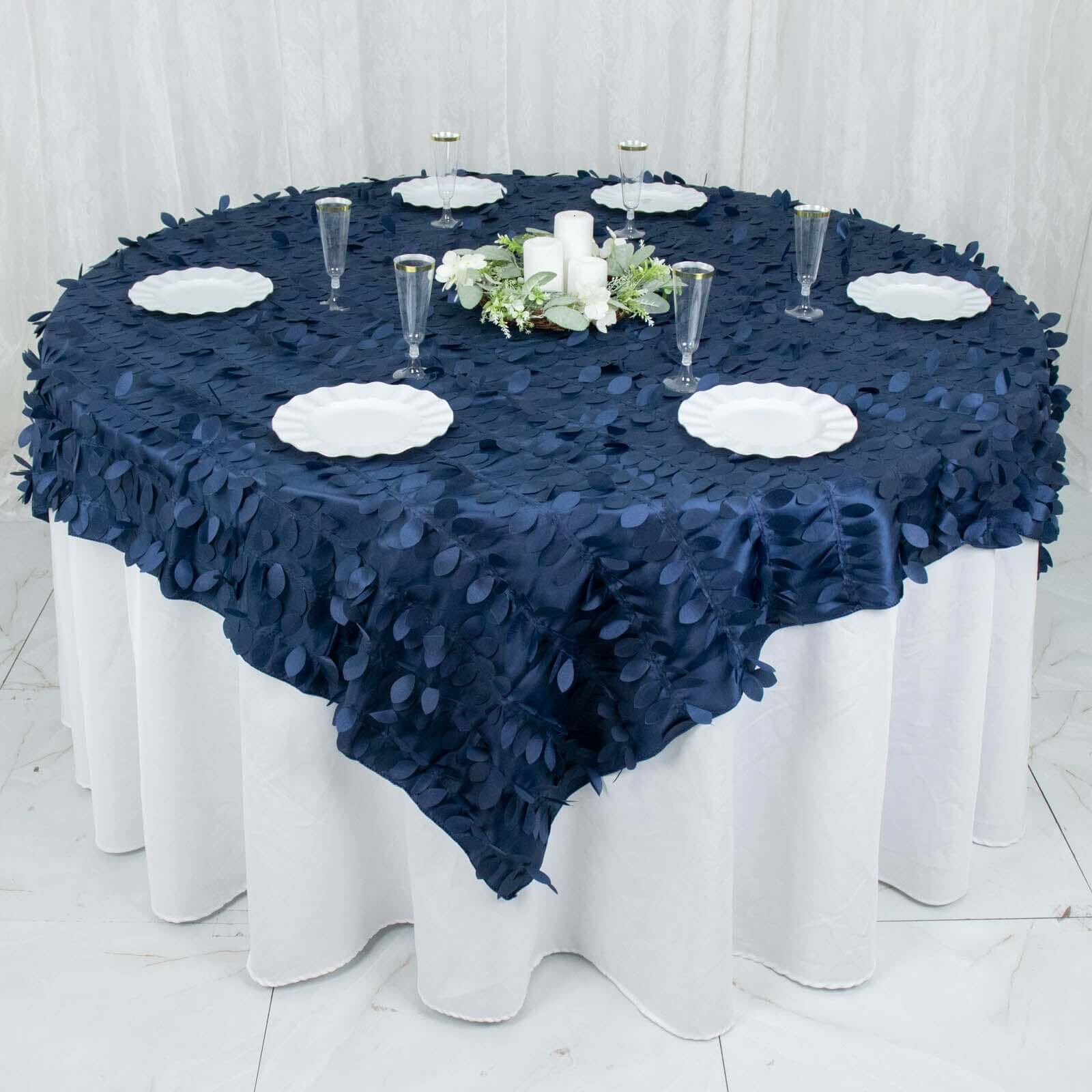 Taffeta Table Overlay 72"x72" Navy Blue - 3D Leaf Petal Table Topper - Image 5
