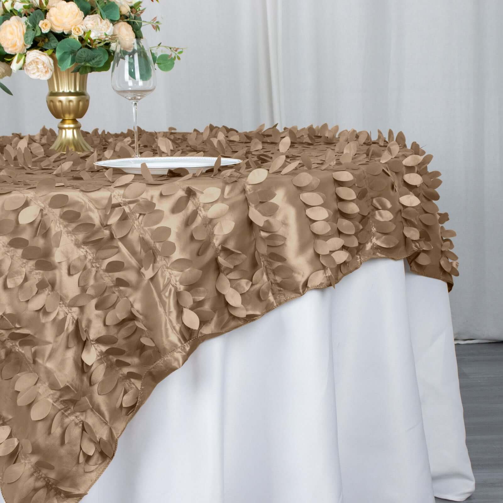 Taffeta Table Overlay 72"x72" Taupe - 3D Leaf Petal Table Topper - Image 2
