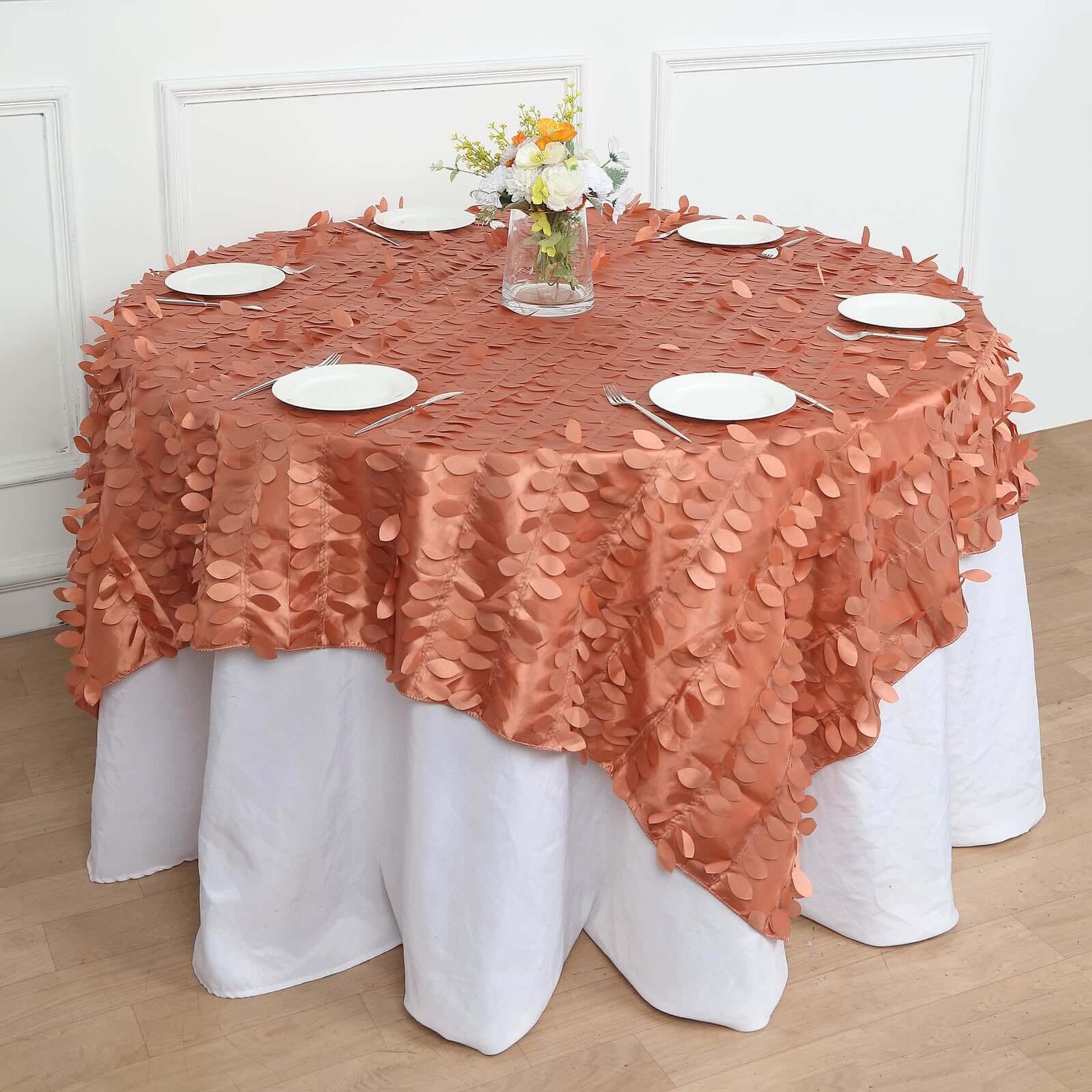Taffeta Table Overlay 72"x72" Terracotta (Rust) - 3D Leaf Petal Table Topper - Image 11