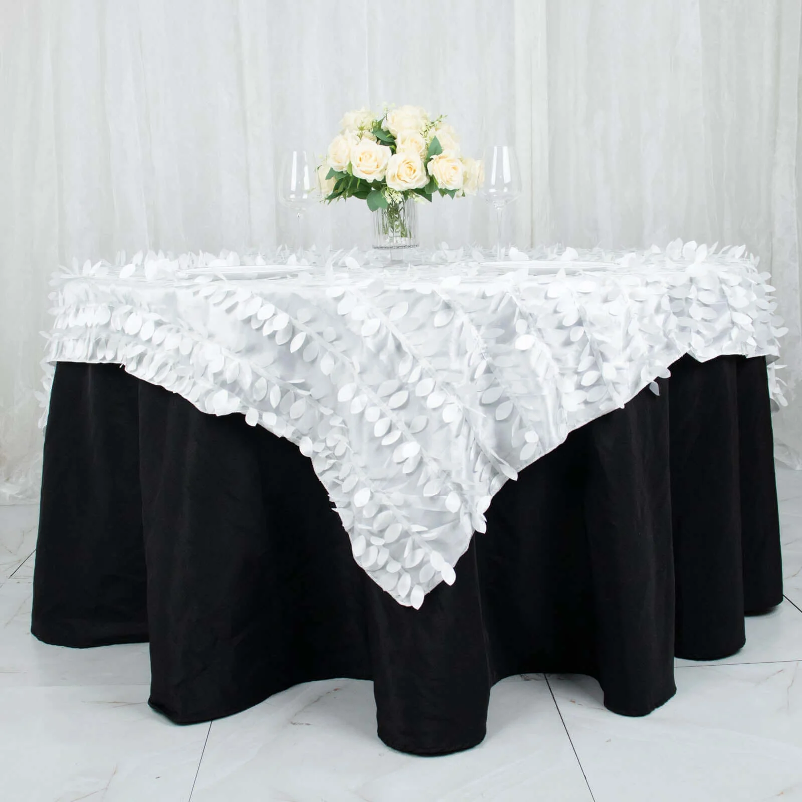 Taffeta Table Overlay 72"x72" White with 3D Leaf Petal Design - Perfect for Upscale Occasions