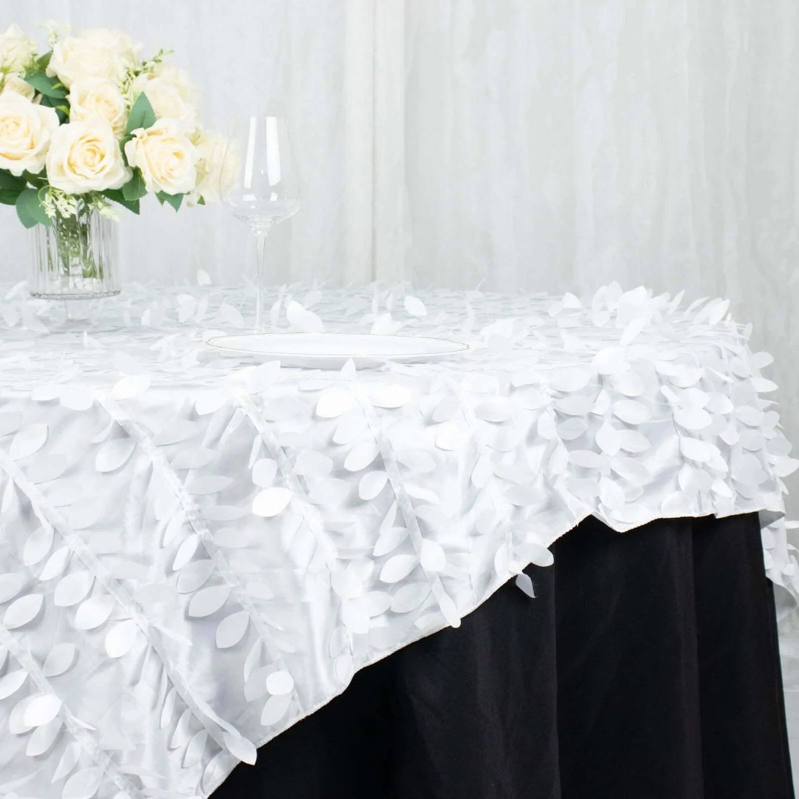 Taffeta Table Overlay 72"x72" White with 3D Leaf Petal Design - Perfect for Upscale Occasions - Image 2