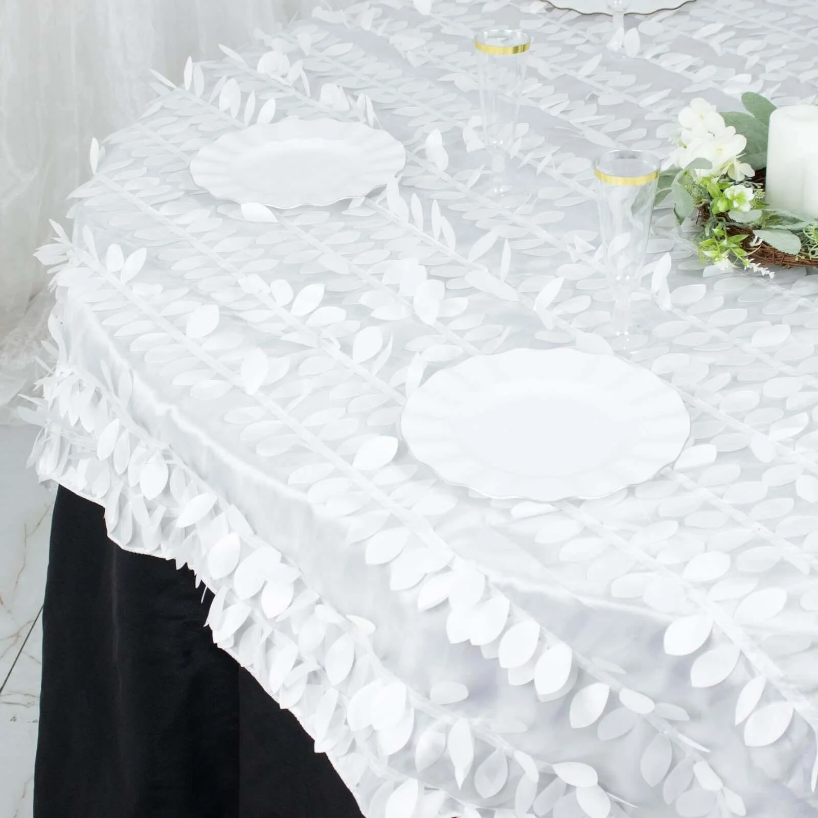 Taffeta Table Overlay 72"x72" White with 3D Leaf Petal Design - Perfect for Upscale Occasions - Image 6