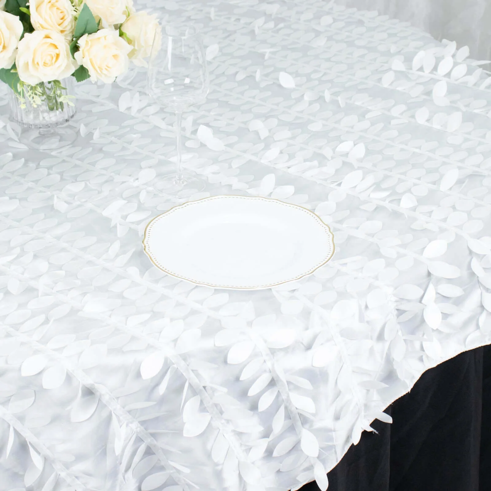 Taffeta Table Overlay 72"x72" White with 3D Leaf Petal Design - Perfect for Upscale Occasions - Image 8
